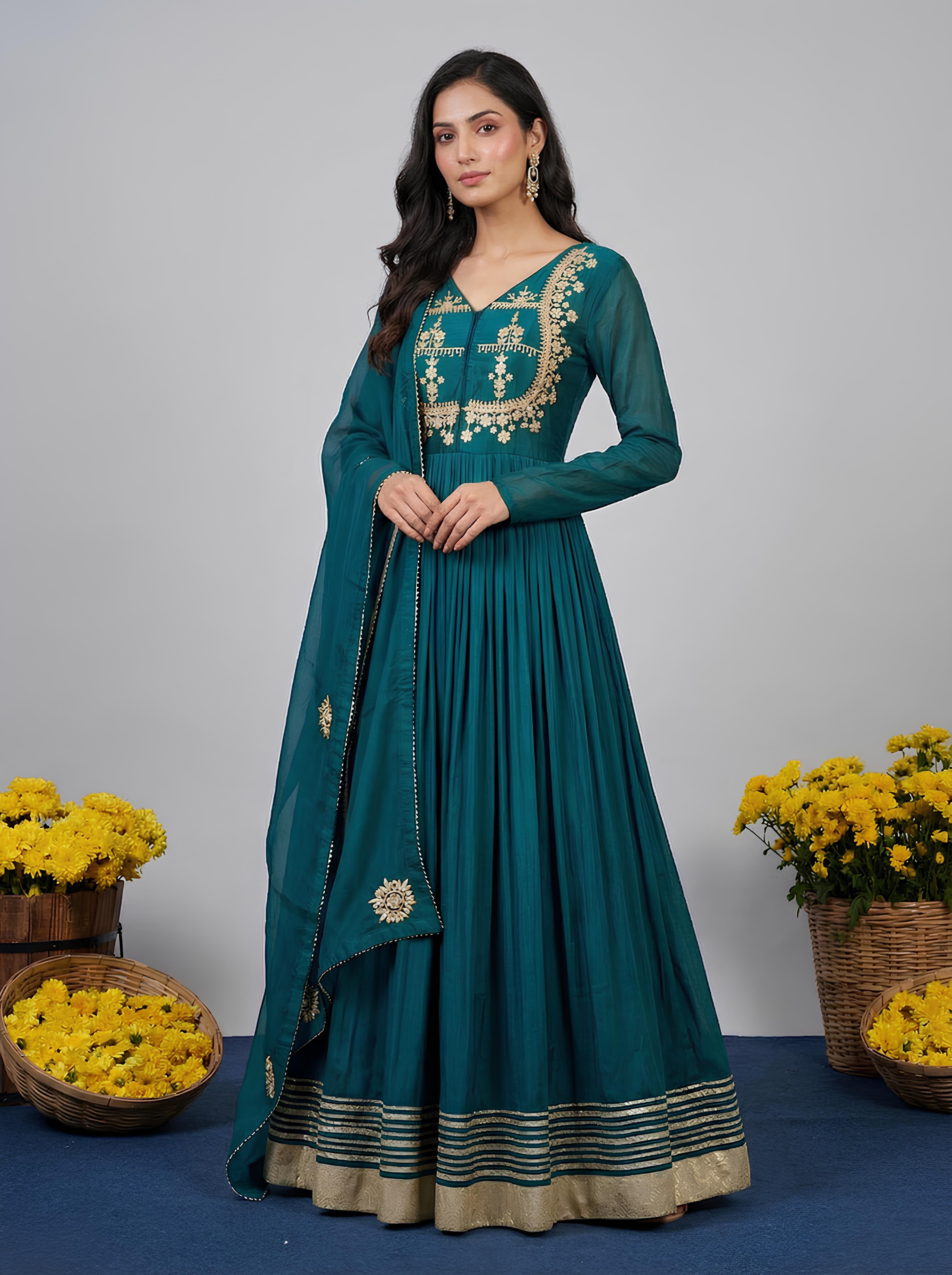 Green Silk Embellished Anarkali Gown With Dupatta
