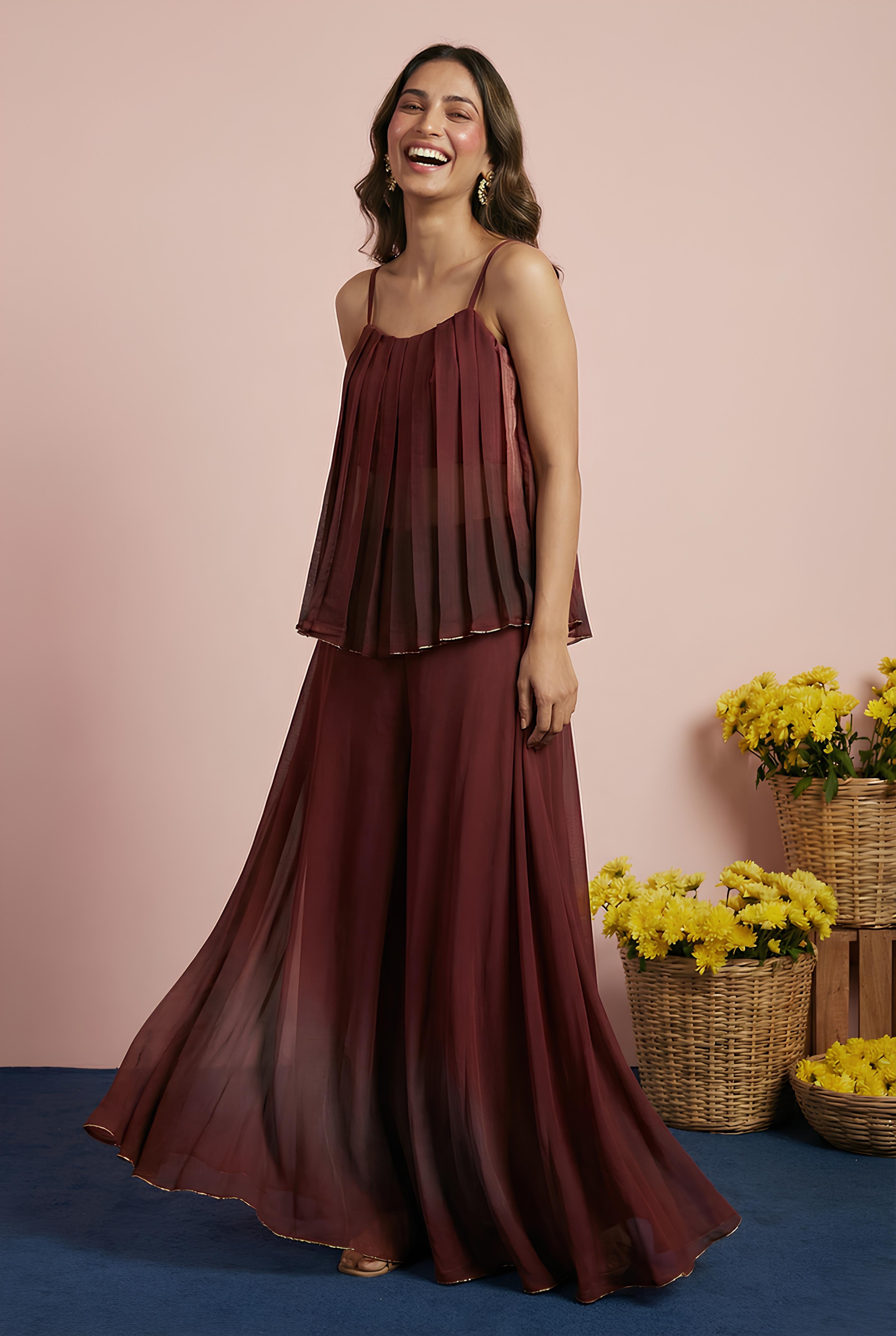 Dark Burgundy Sleeveless Top With Skirt