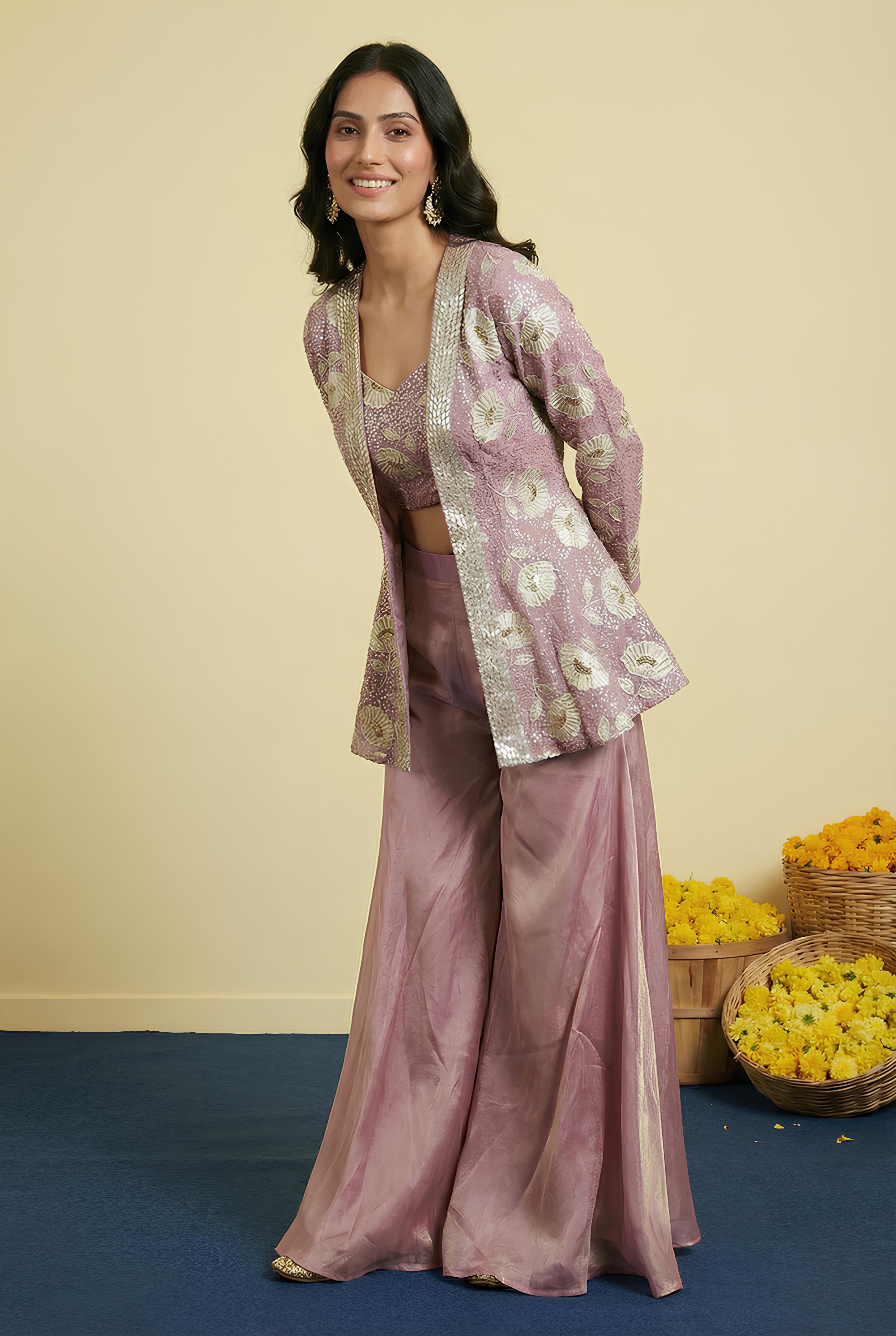 Pink Embroidered Top With Jacket & Bottom