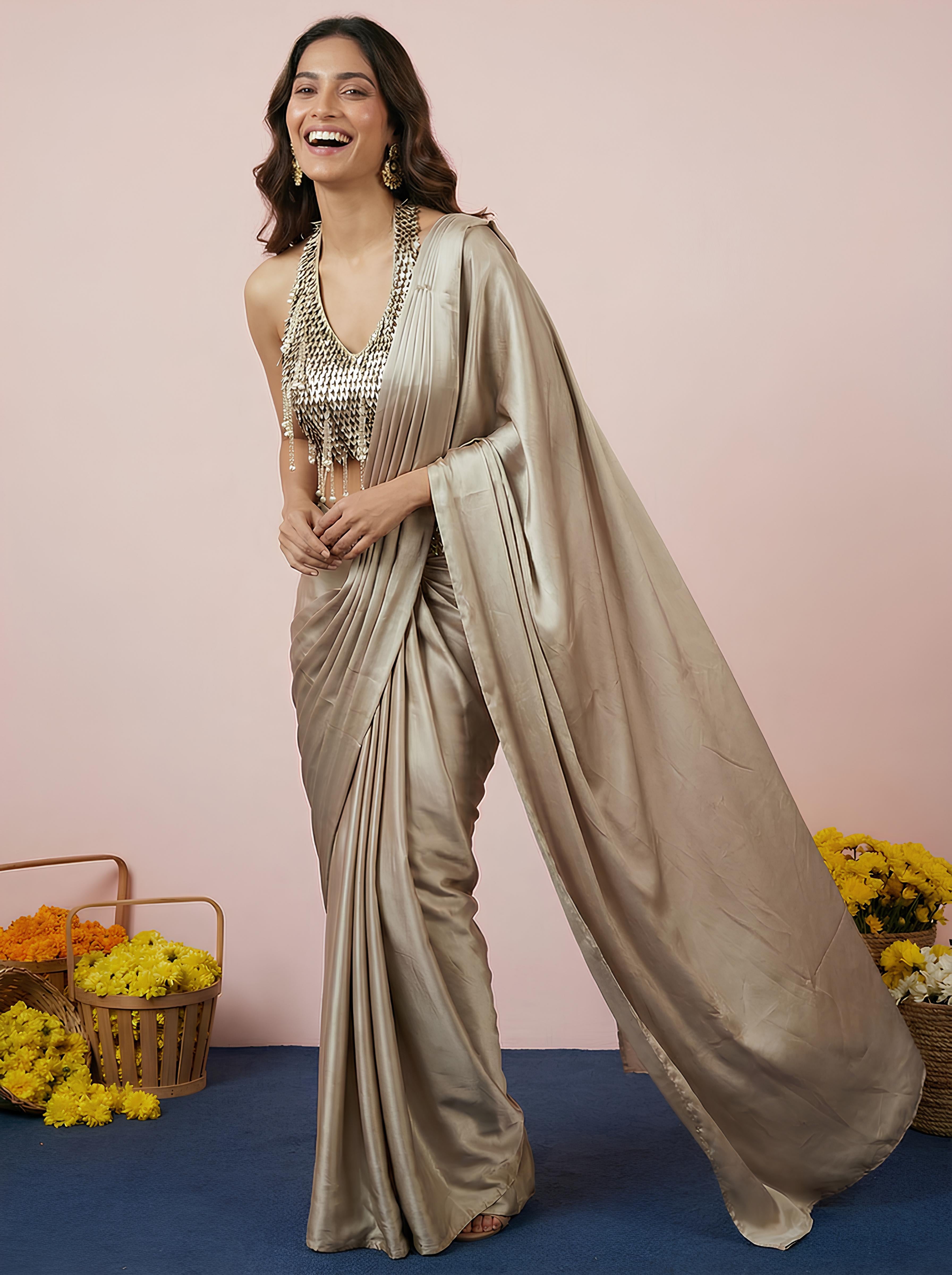 Dark Chocolate Color Embroidered Drape Saree