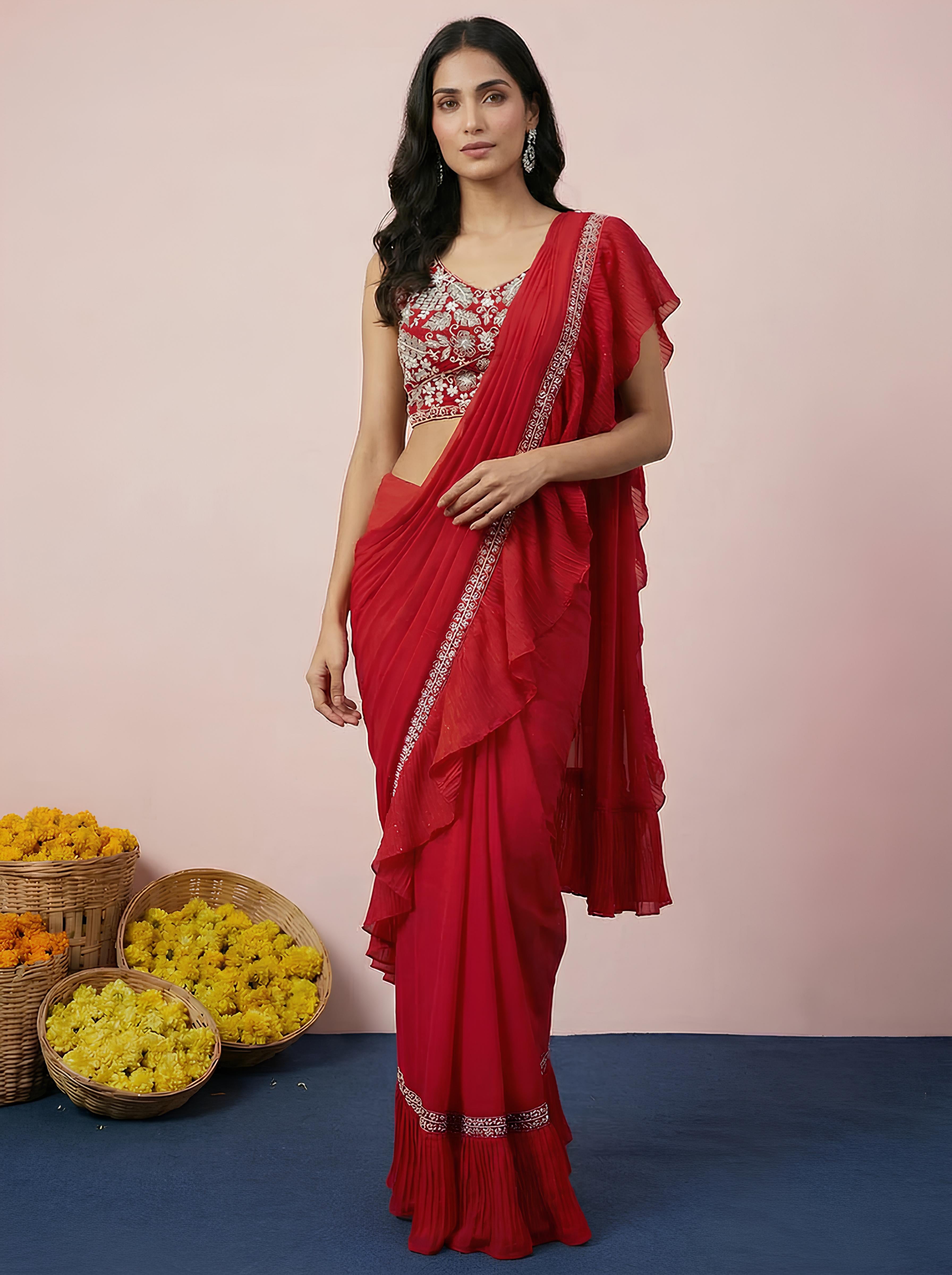 Red Embroidered Georgette Frill Drape Saree