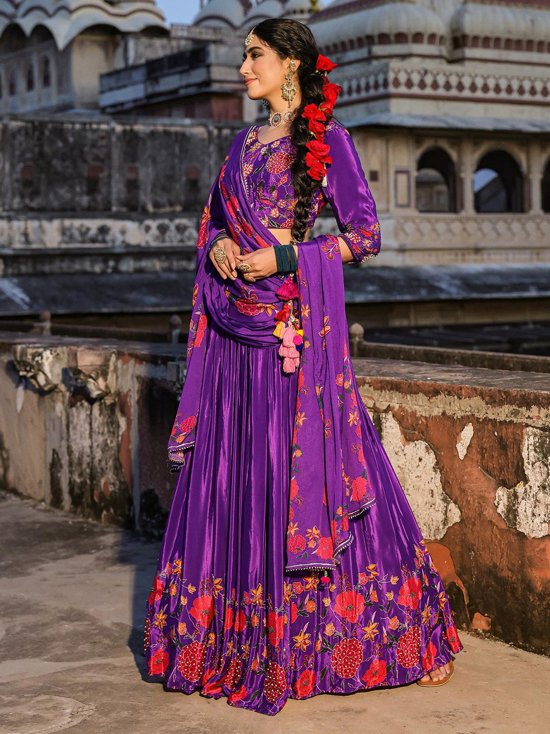 Purple Printed Beads and Stones Ready to Wear Lehenga & Blouse With Dupatta