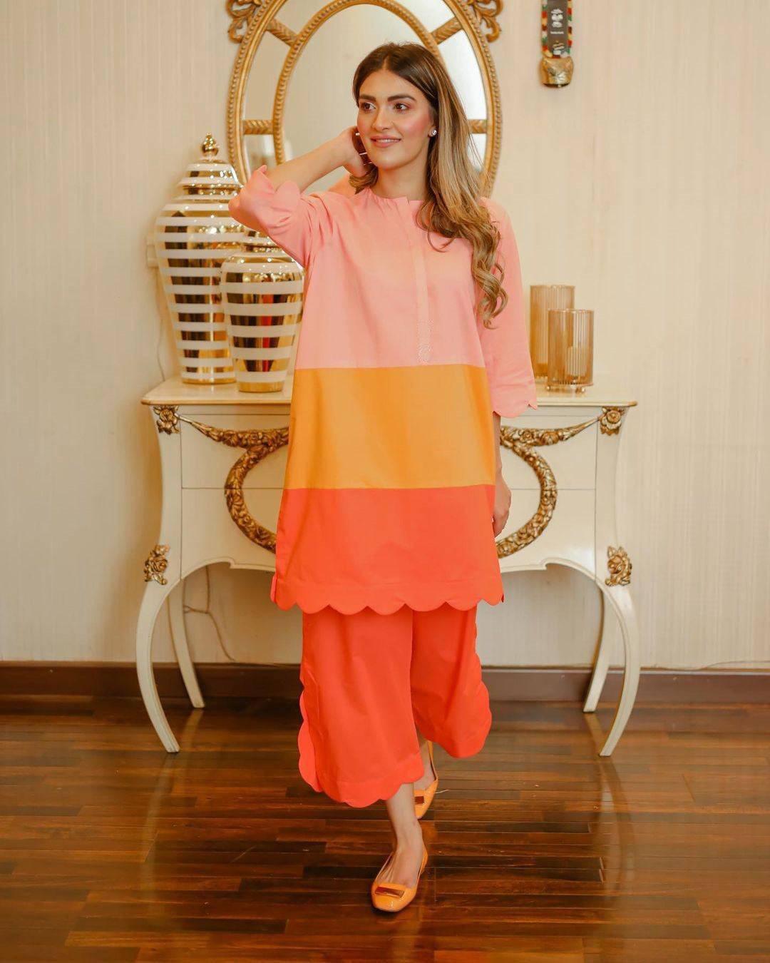 Orange & Pink Color Block Italian Silk Co-Ord Set