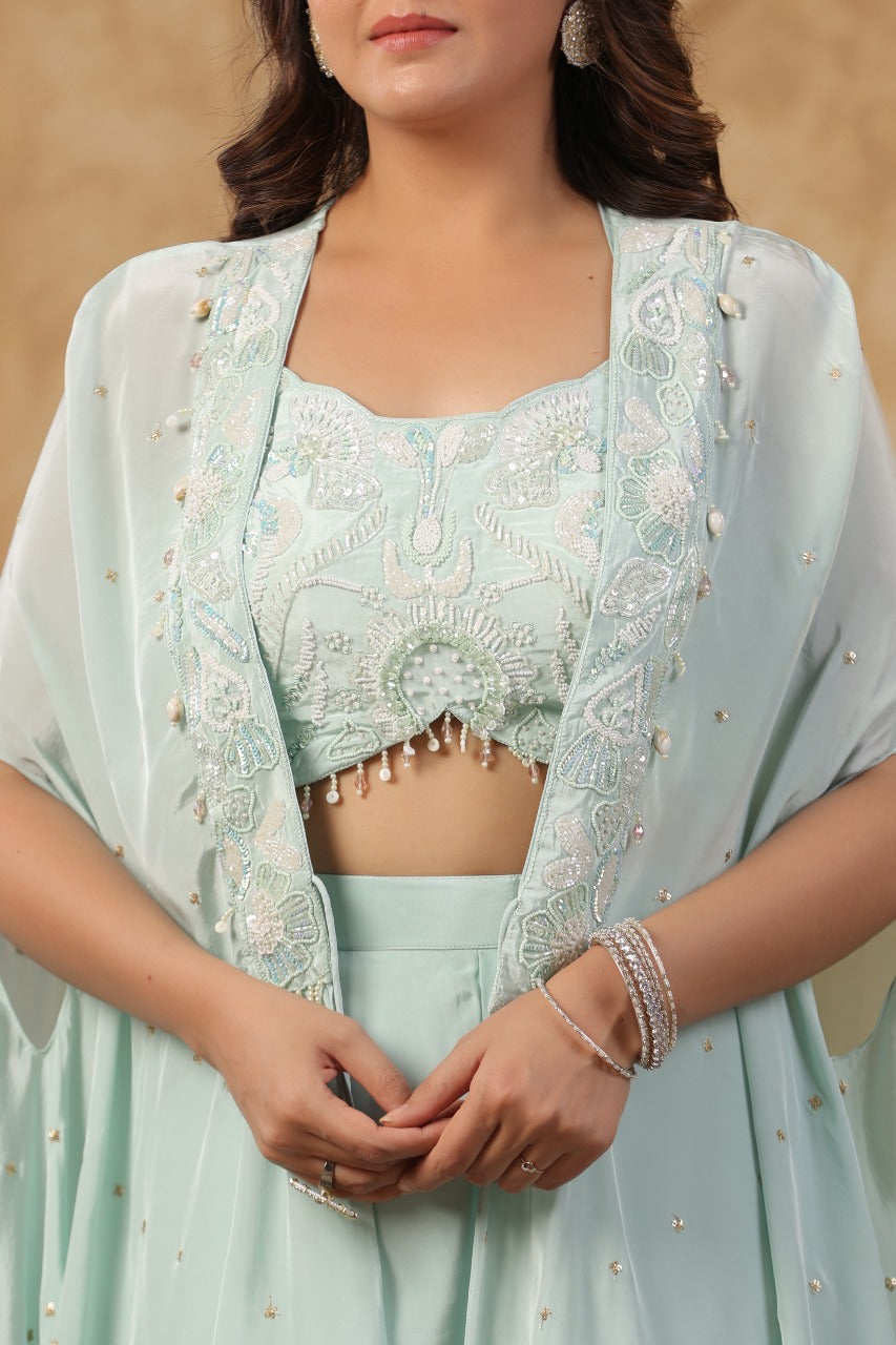 Sea Green Sharara Set with Shrug