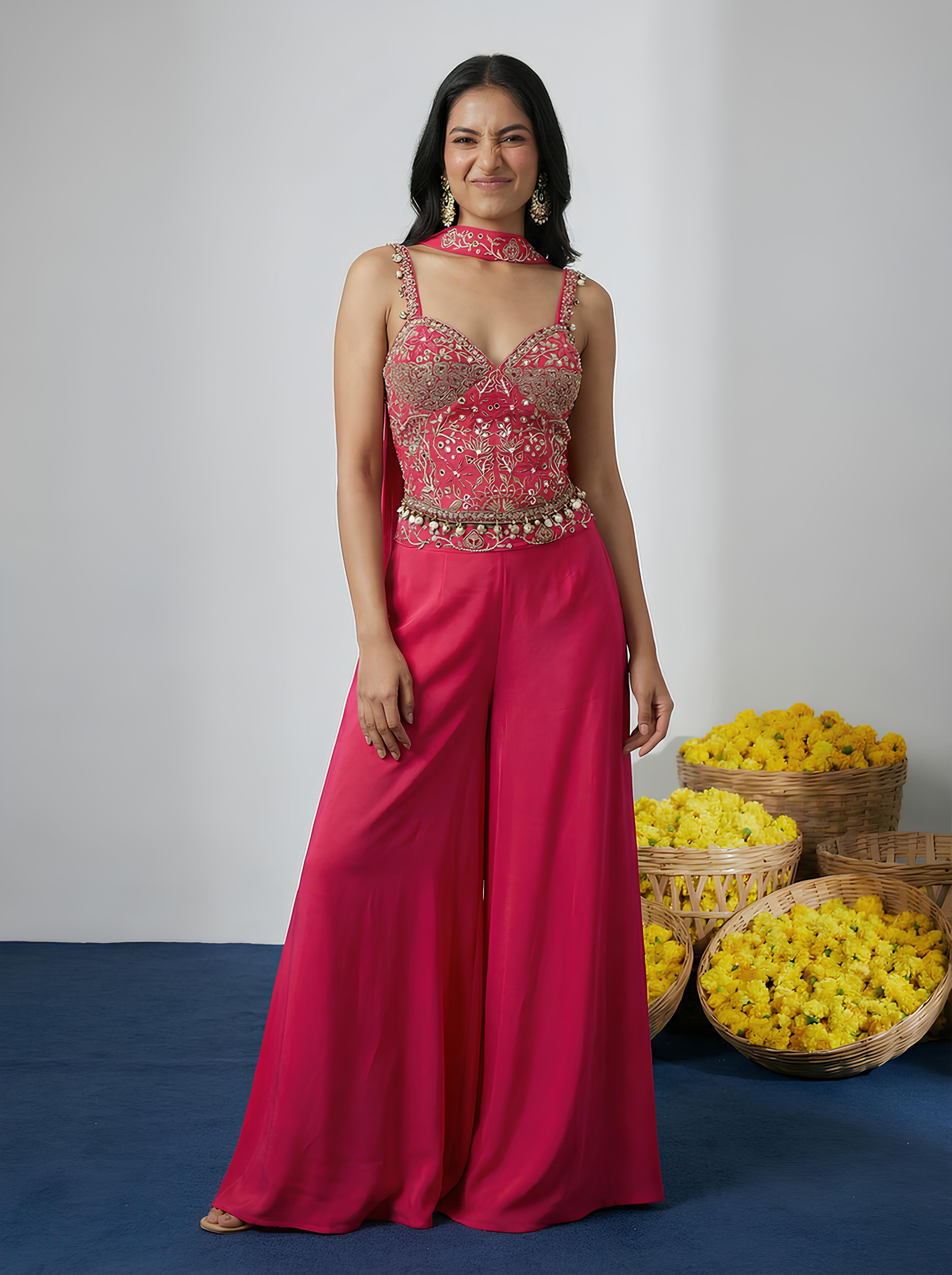 Dark Pink Corset Embroidered Top With Sharara Suit