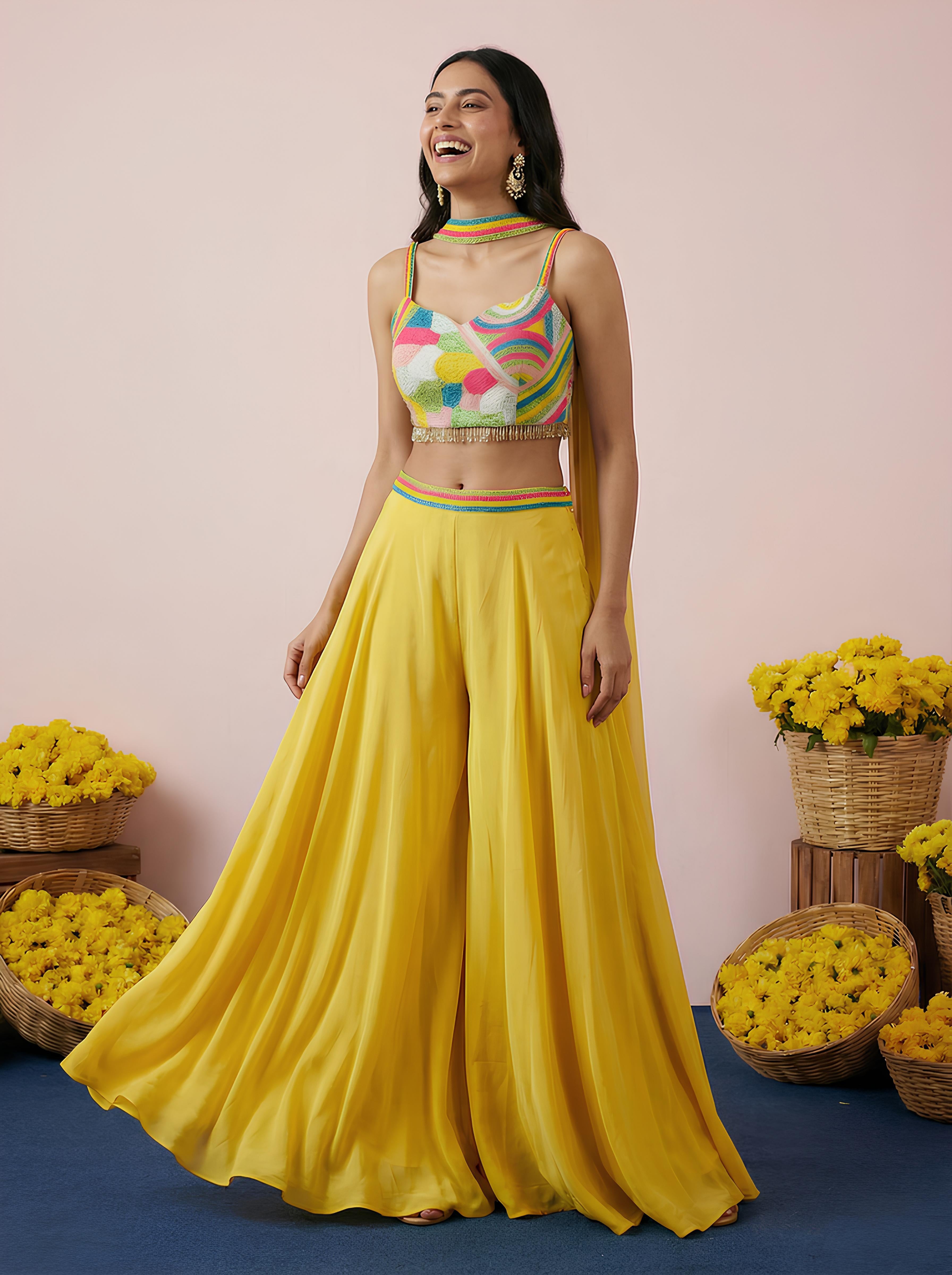Yellow Embroidered Top With Sharara Suit