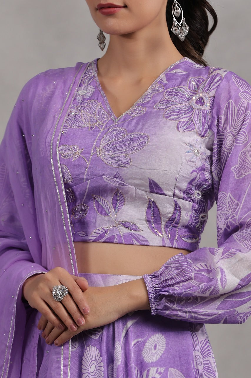 Light Purple Printed Chiffon Readymade Lehenga