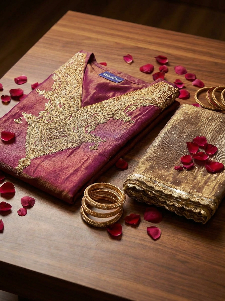 Cherry Pink Hand Work Tissue Dress Material