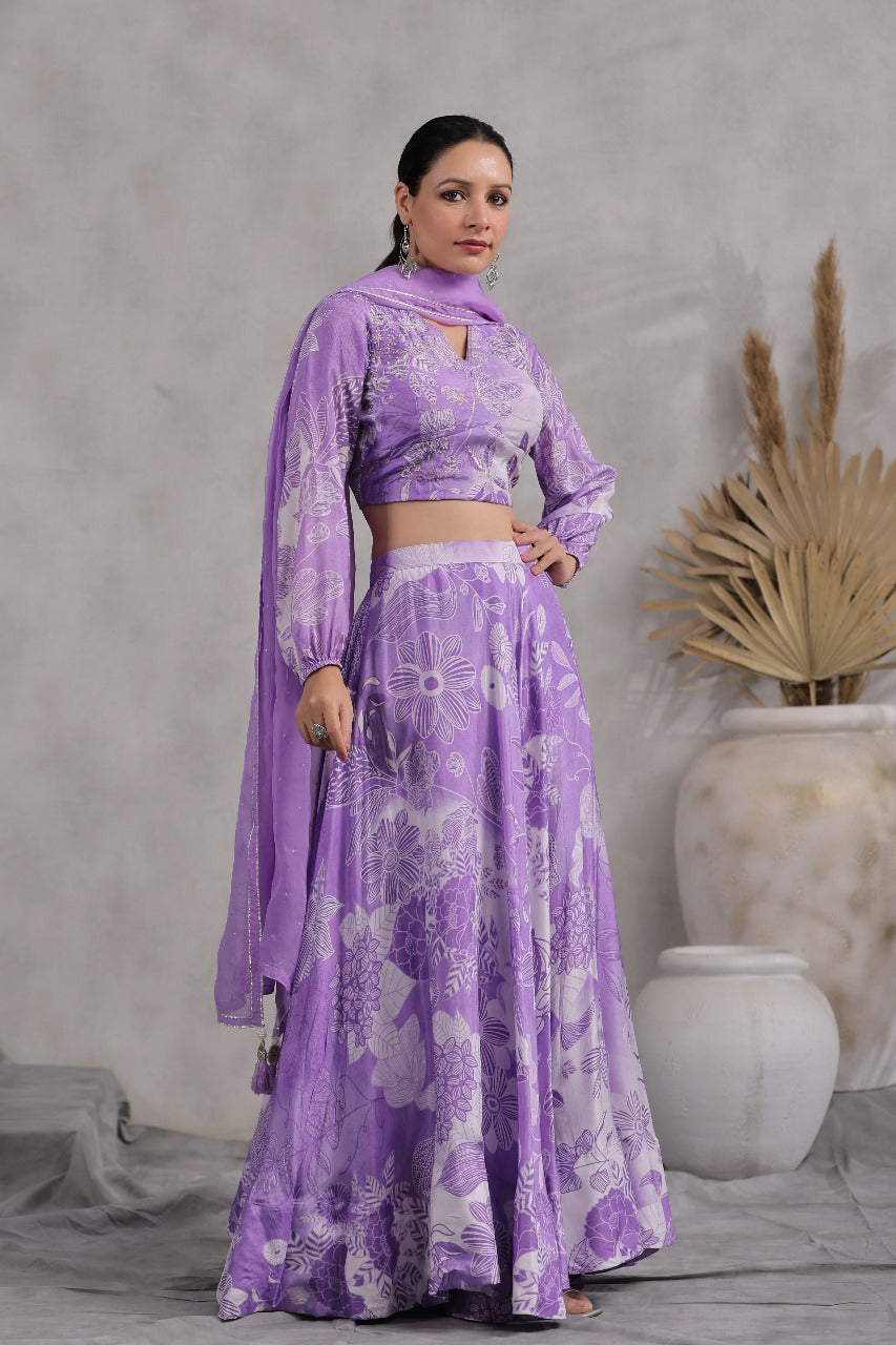 Light Purple Printed Chiffon Readymade Lehenga