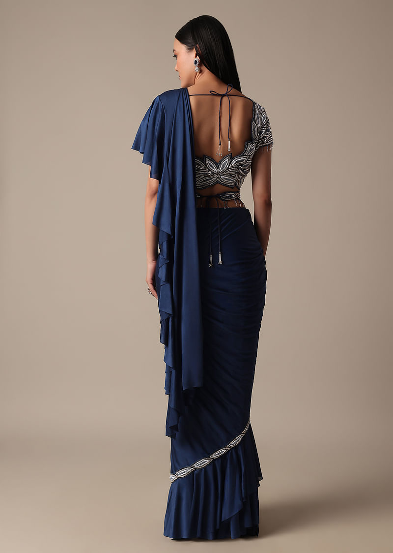 Elegant Blue Frill Saree With Embellished Ready Blouse