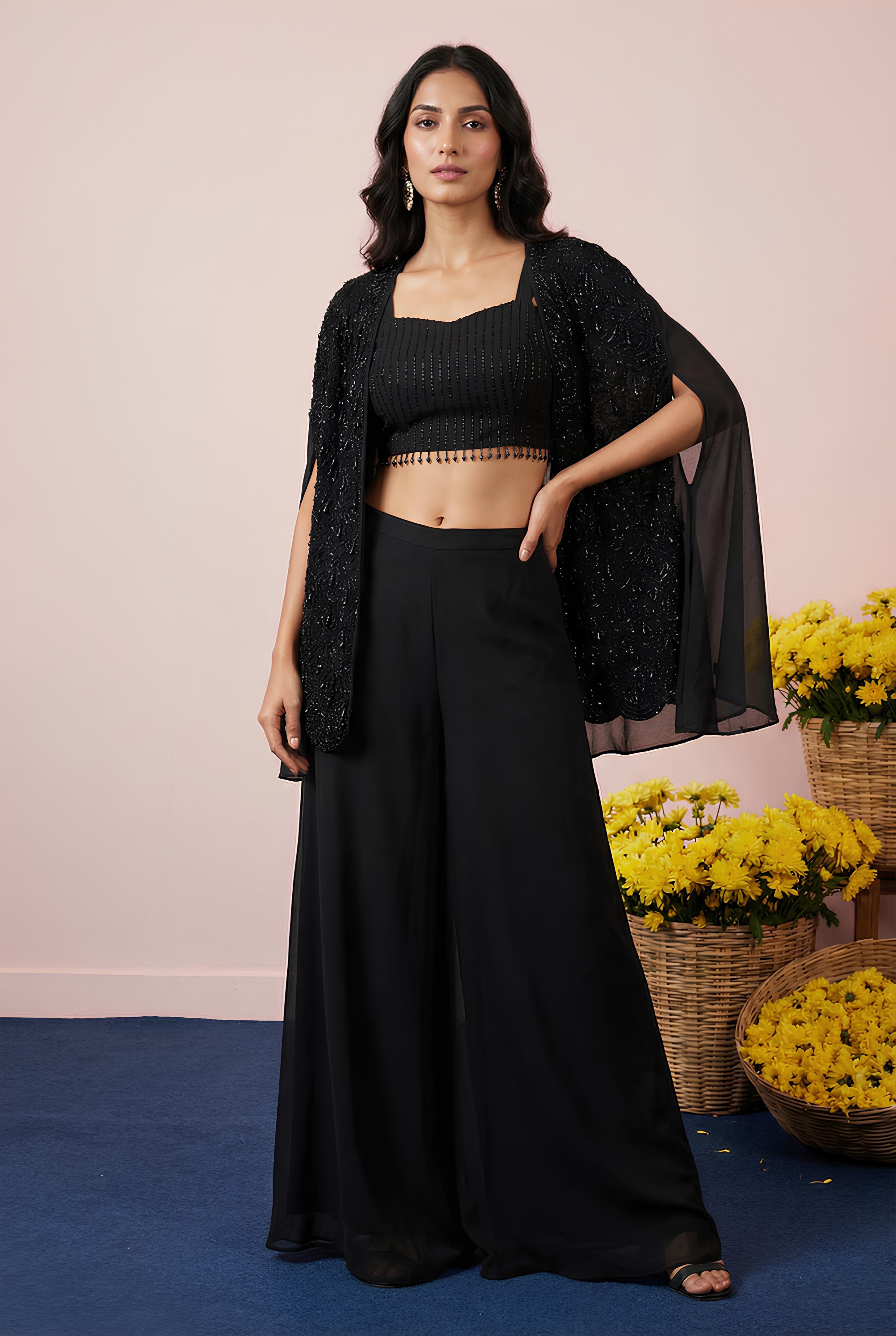 Black Embroidered Top With Shrug & Palazzo