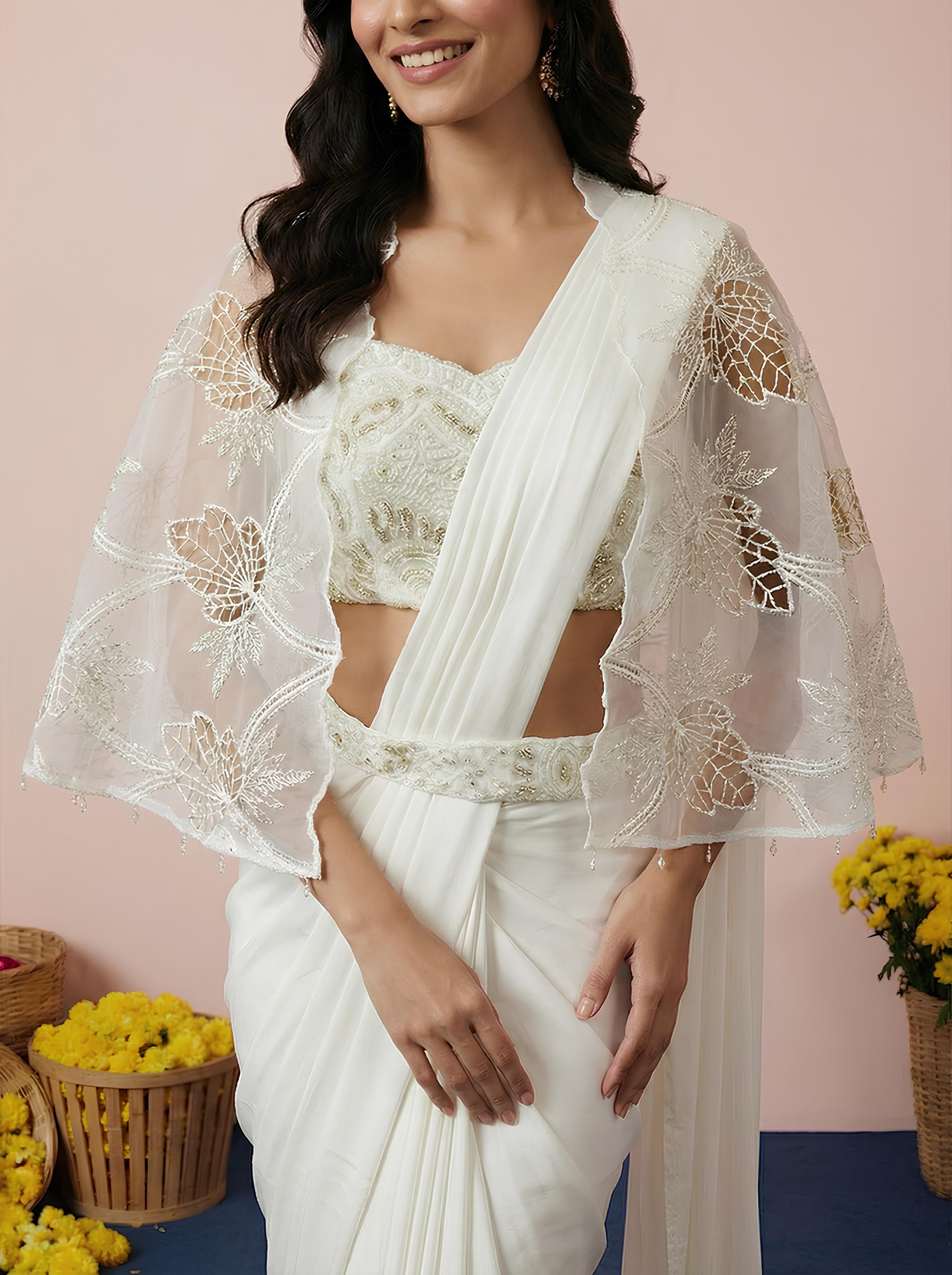 White Embroidered Drape Saree With Shrug Jacket