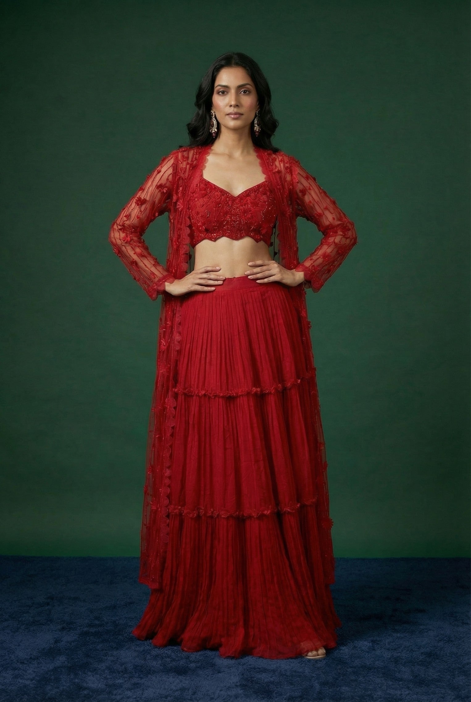 Red Festive Wear Shrug With Lehnga