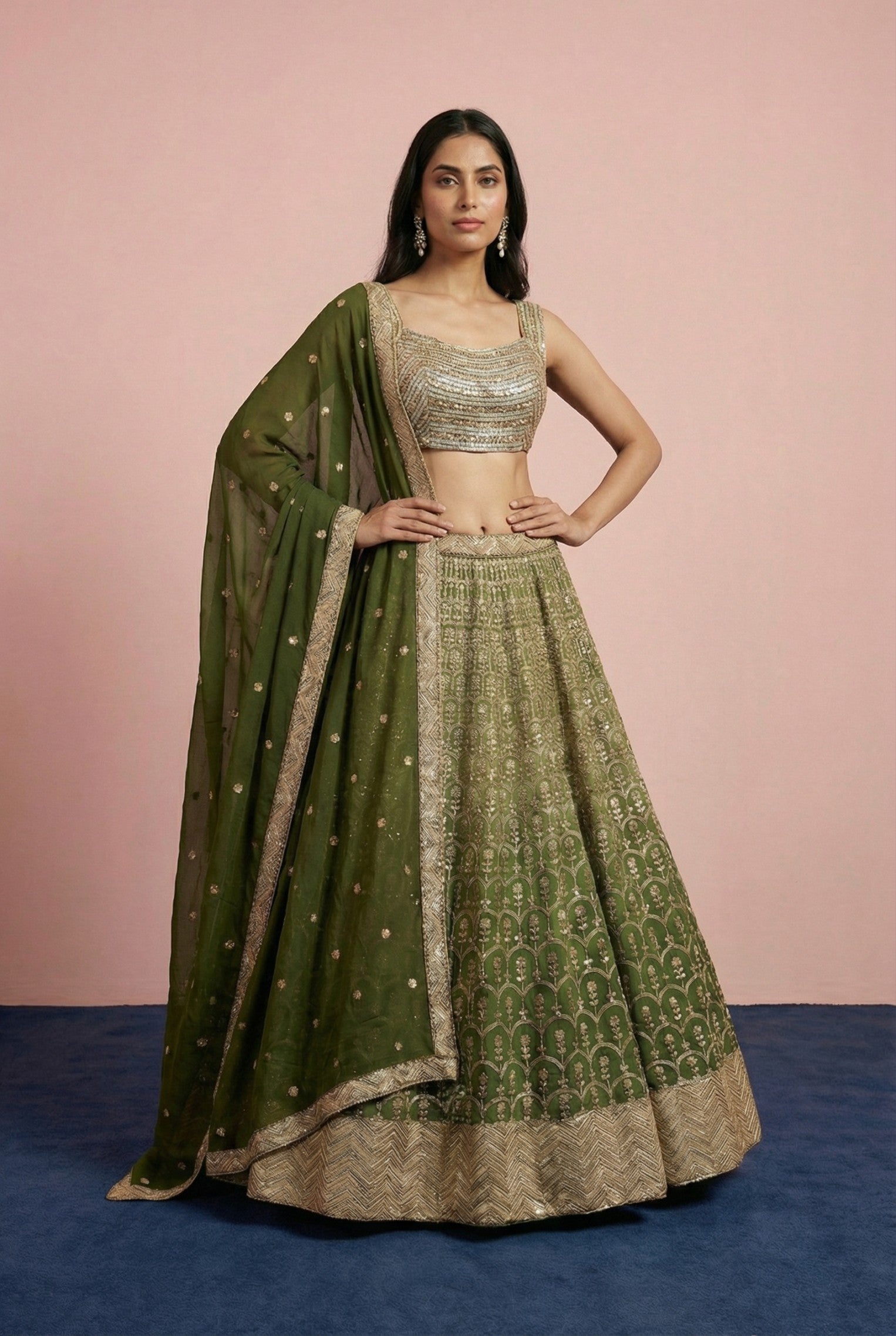 Dark Green Sequinned Crop Top Lehenga