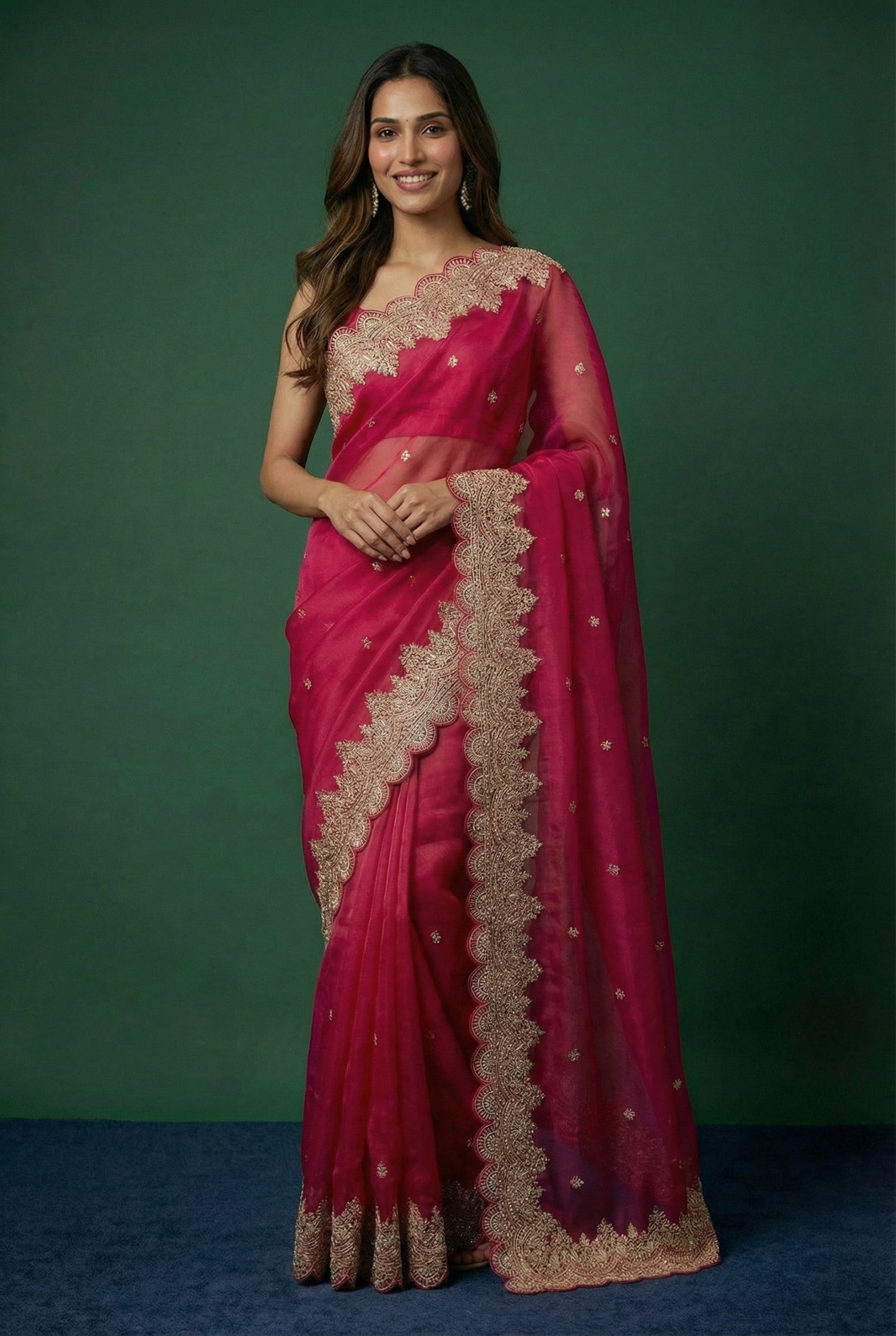 Dark Pink Hand Embroidered Organza Saree