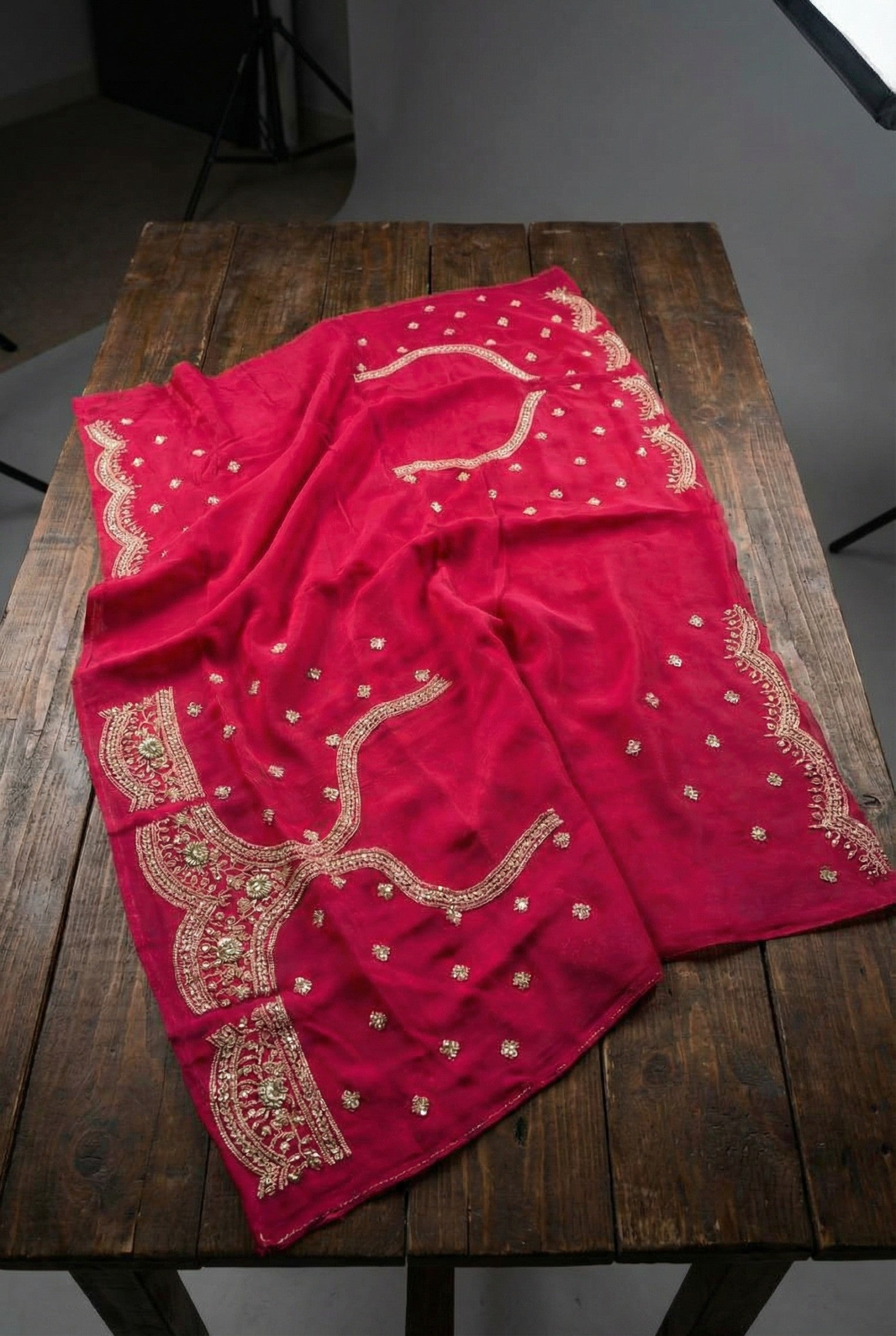 Dark Pink Hand Embroidered Organza Saree