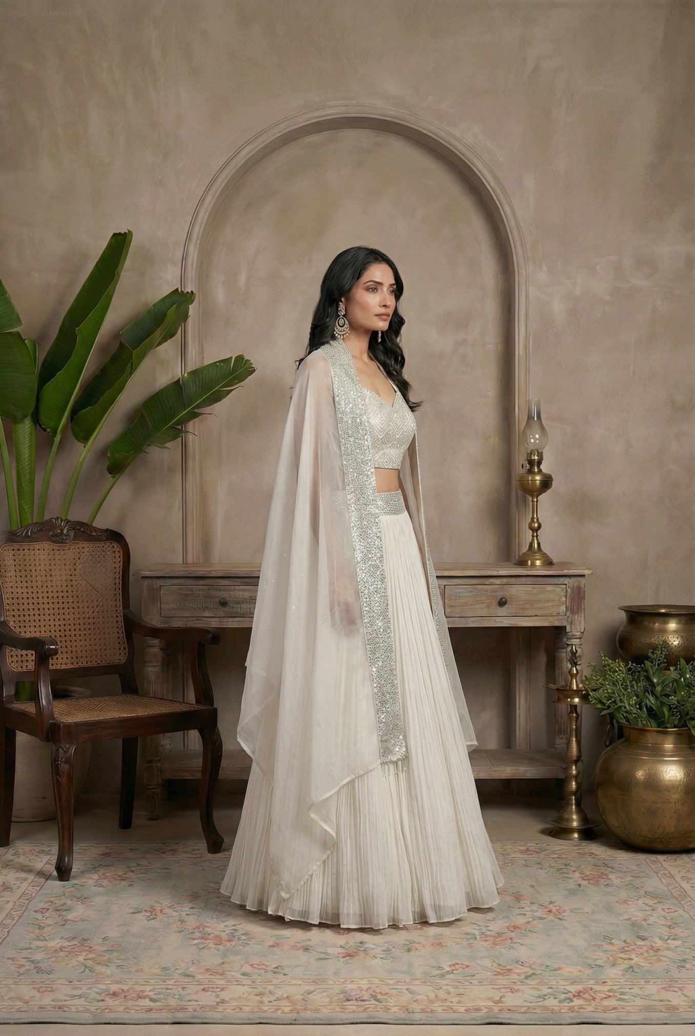 White Net Crop Top Lehenga With Shrug