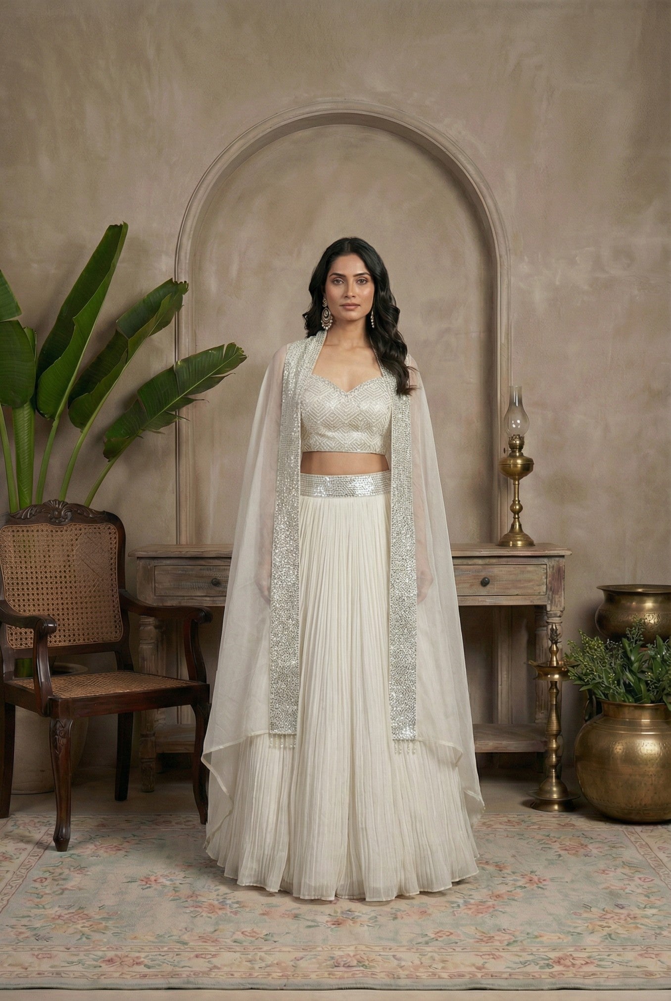 White Net Crop Top Lehenga With Shrug