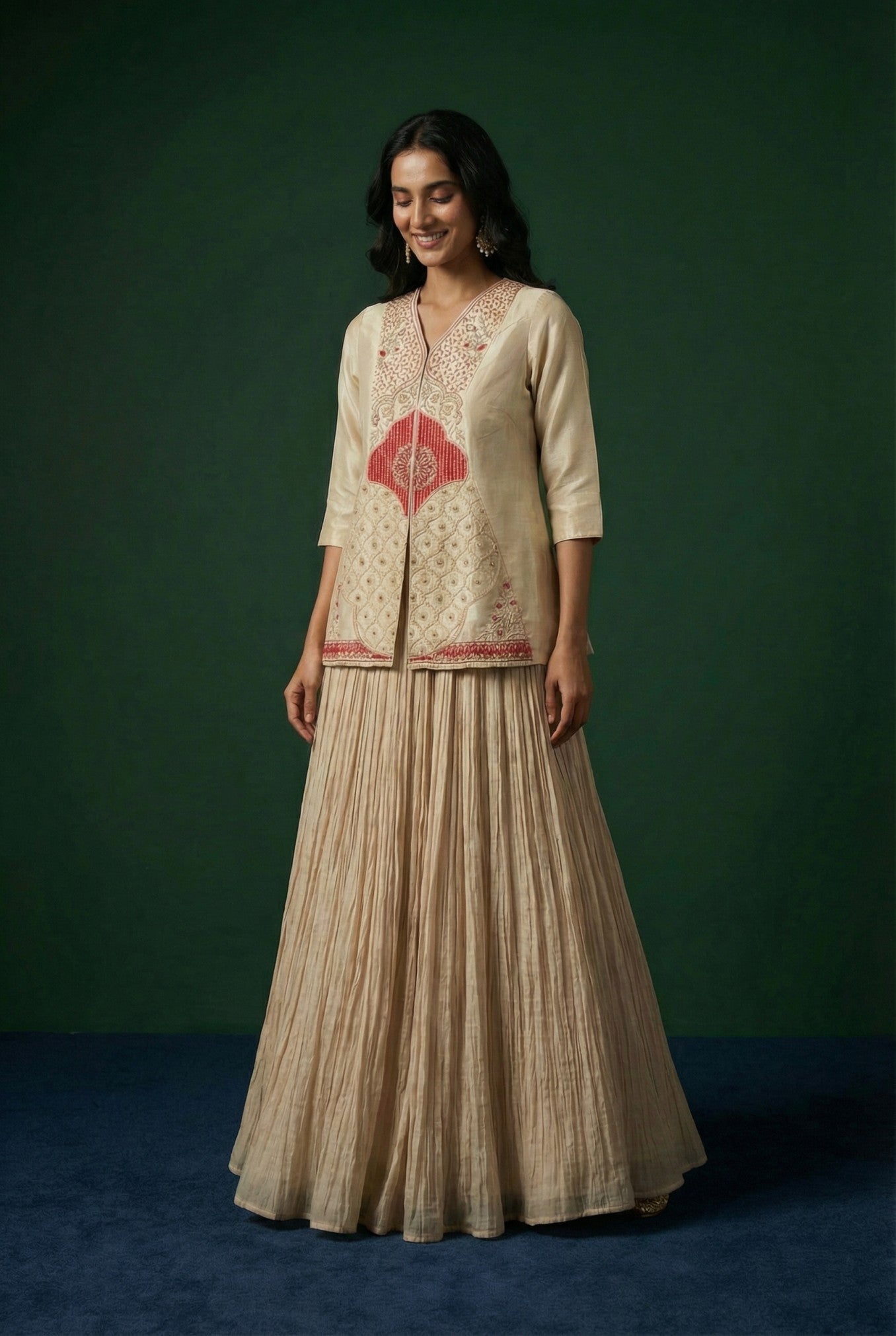 Cream Hand Embroidered Festive Wear Lehenga