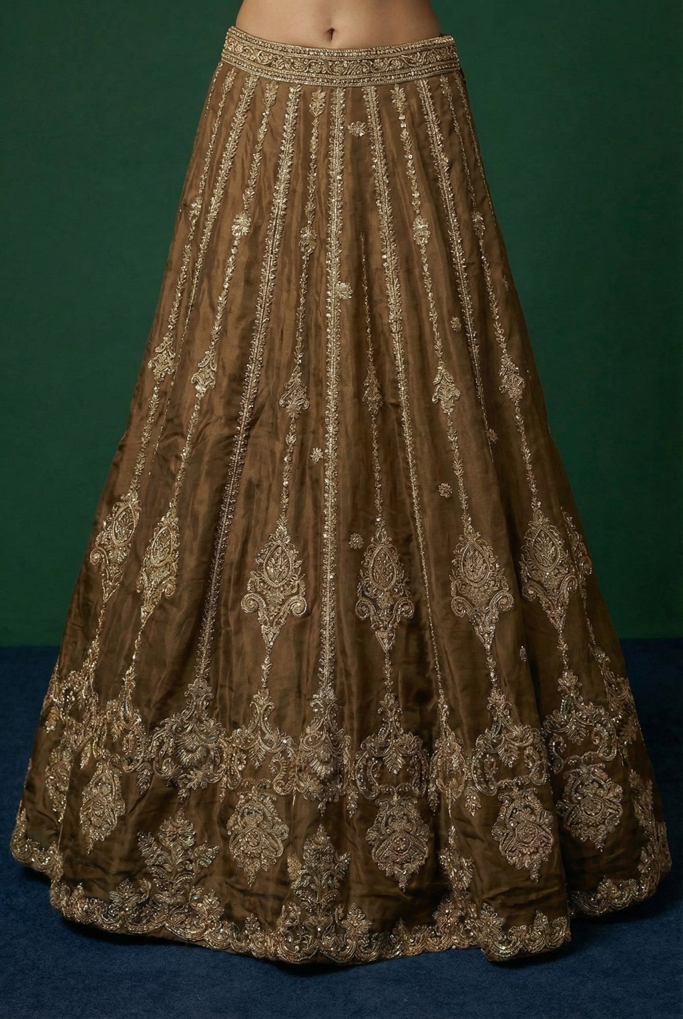 Brown Tissue Embroidered Designer Lehenga