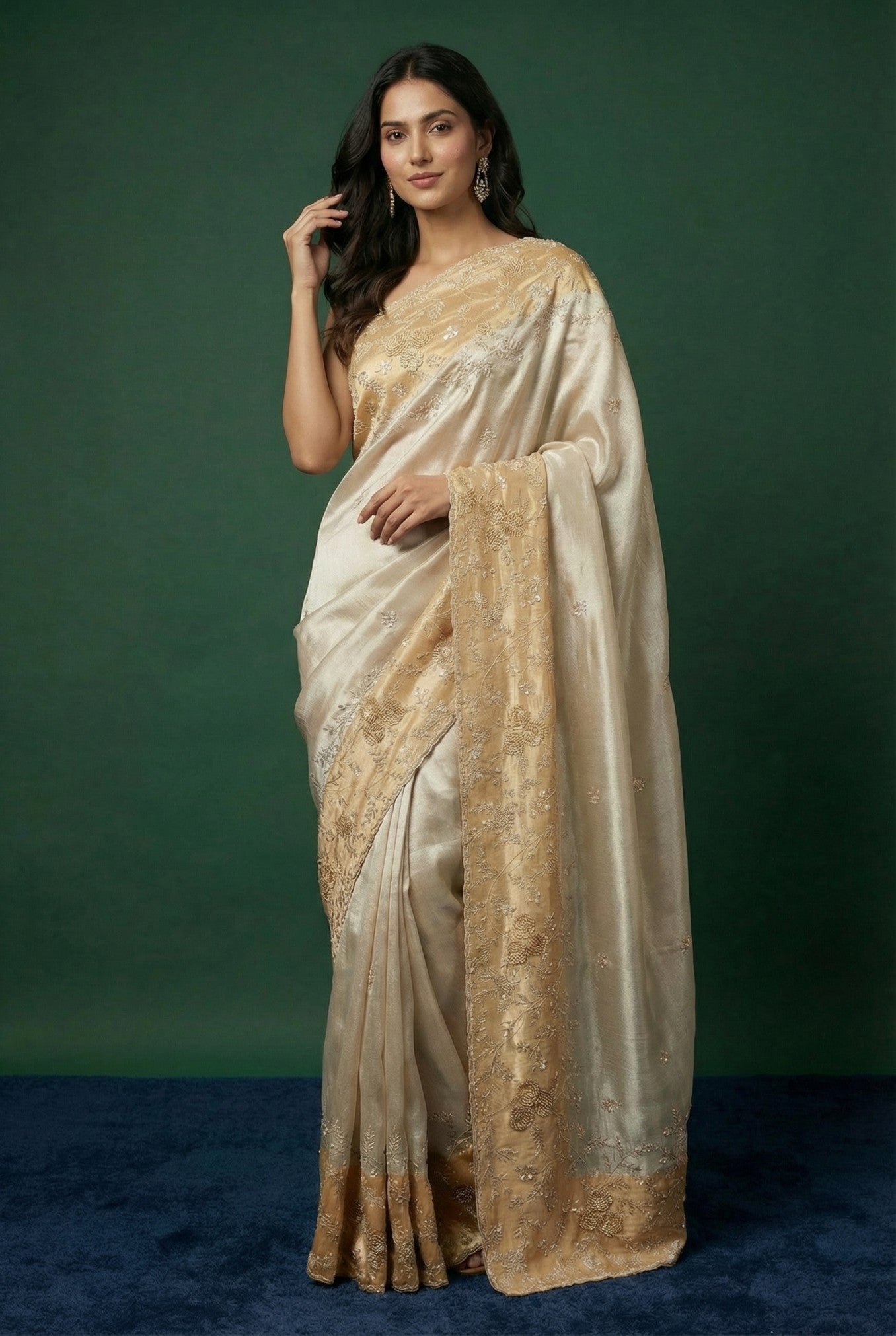 Ivory & Gold Tissue Hand Work Saree