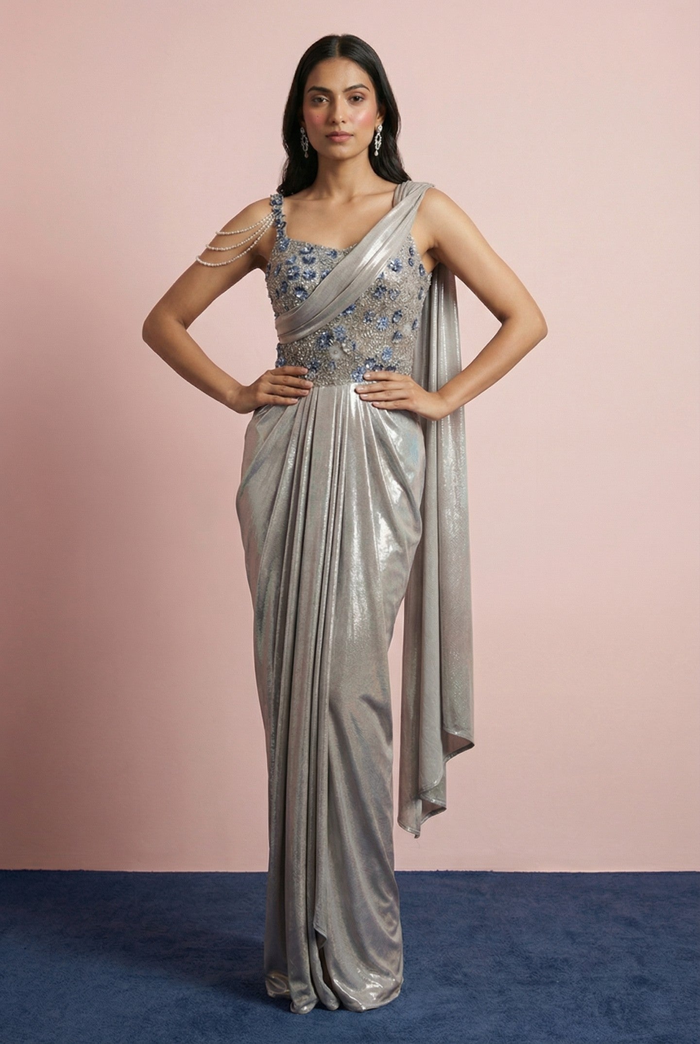 Grey Embroidered Drape Cocktail Gown