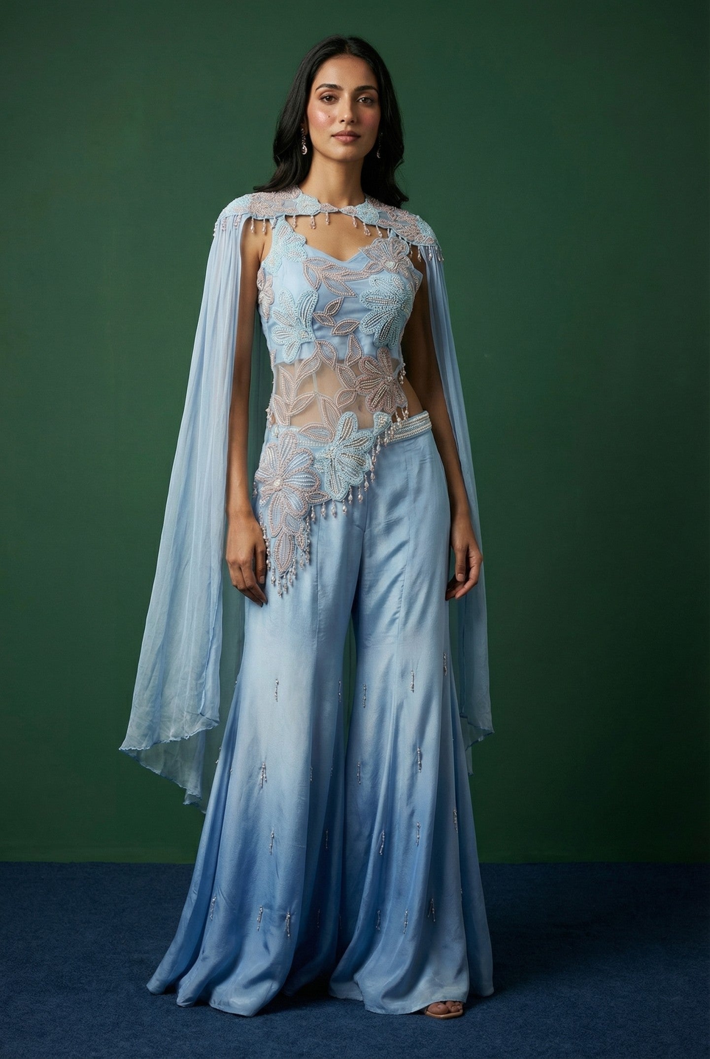 Light Blue Indowestern Crop Top With Palazzo Bottom