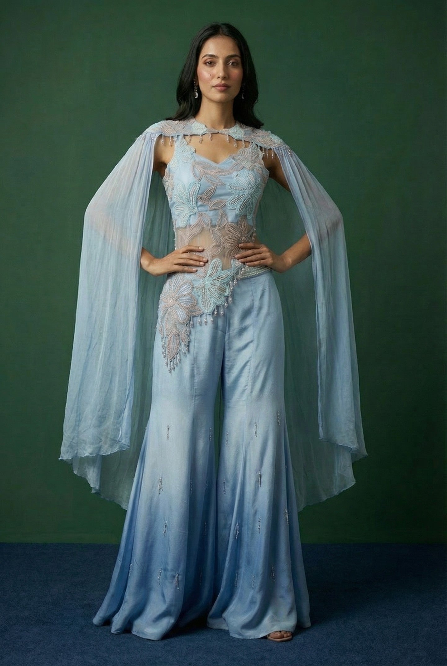 Light Blue Indowestern Crop Top With Palazzo Bottom