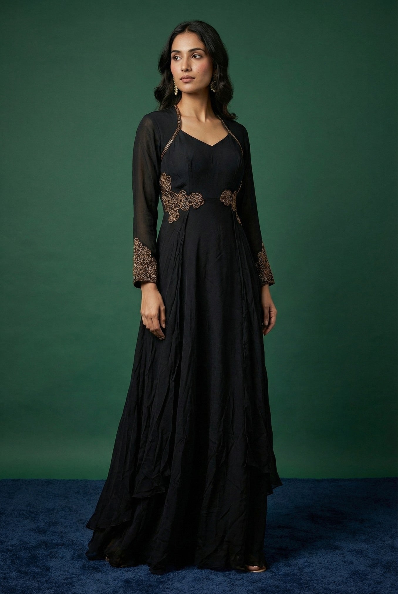Black Chinnon Embroidered Anarkali Gown