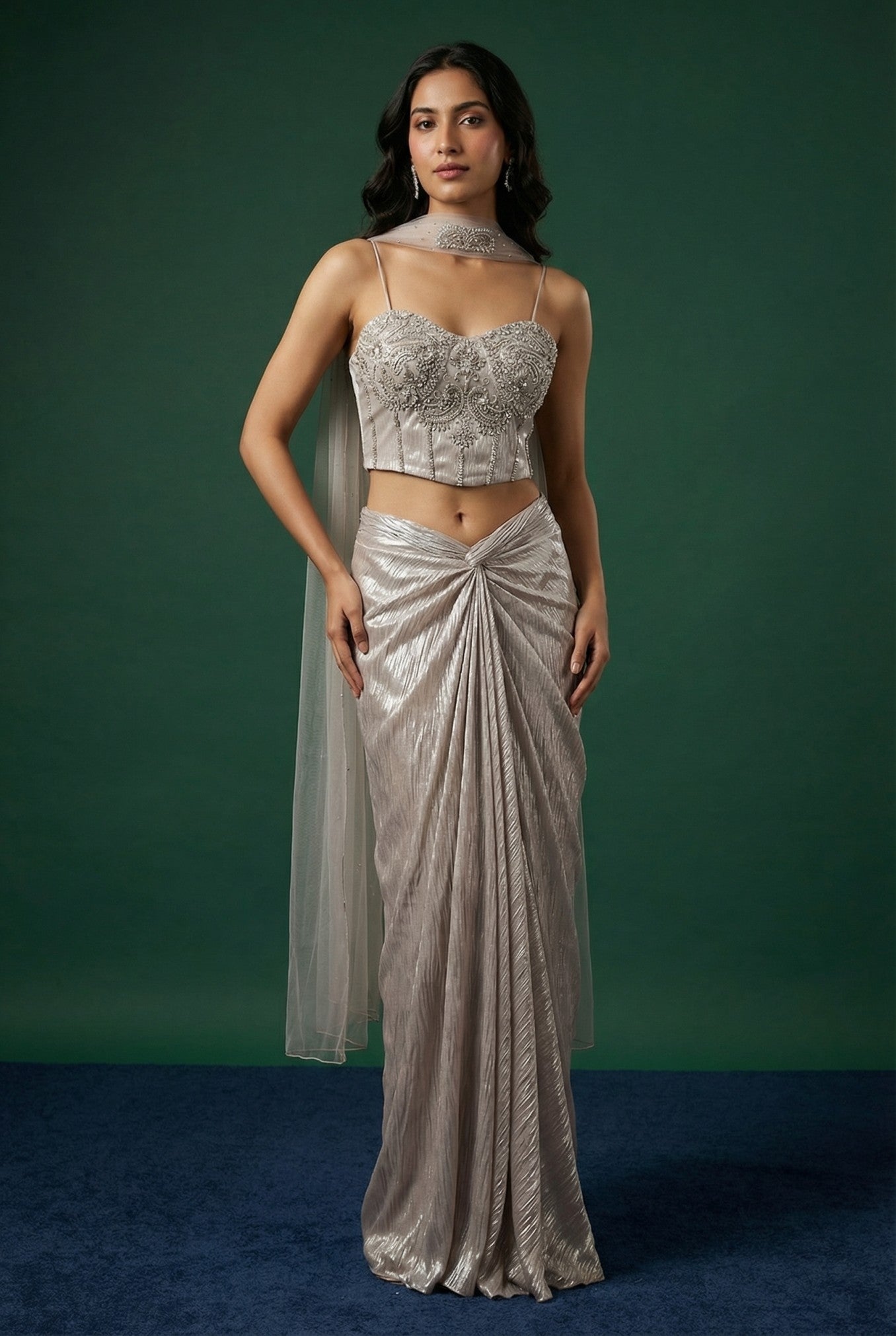 Peach Corset Embroidered Bodice With Drape Skirt