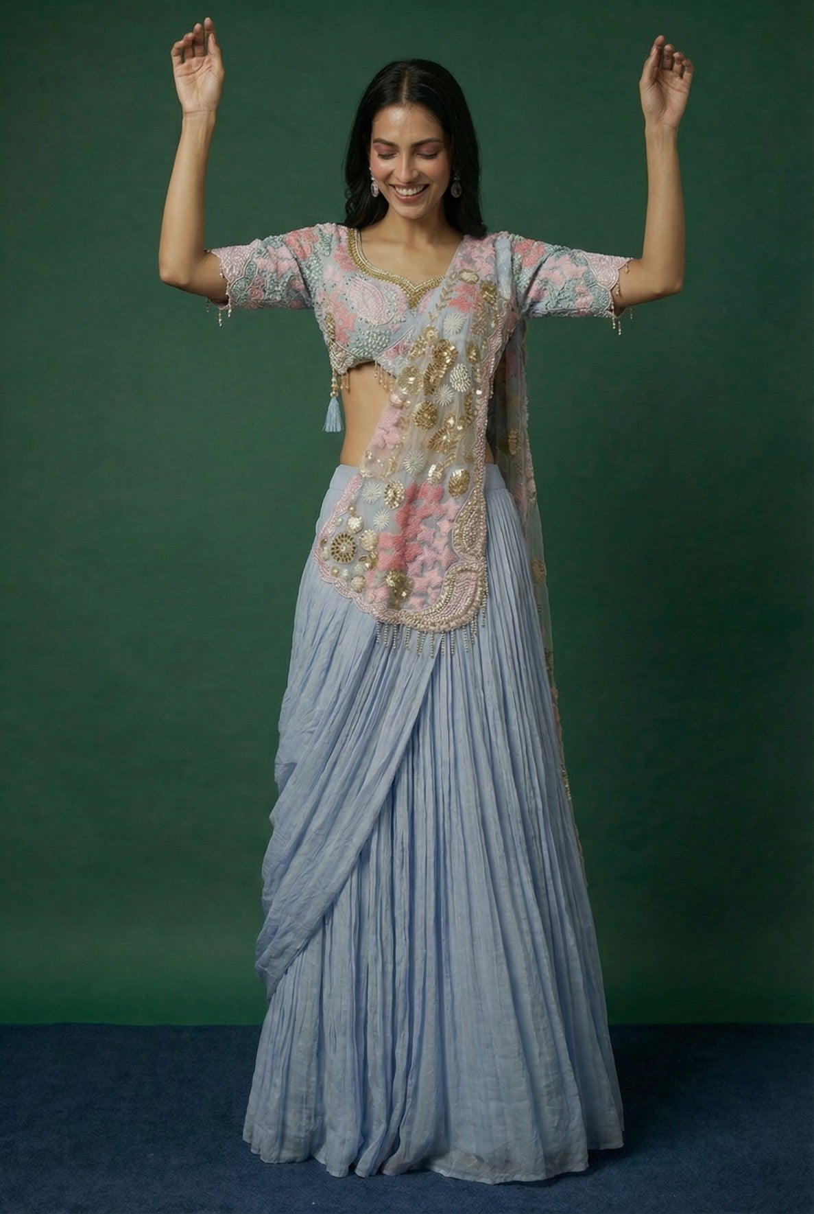 Sky Blue Georgette Drape Crop Top Lehenga