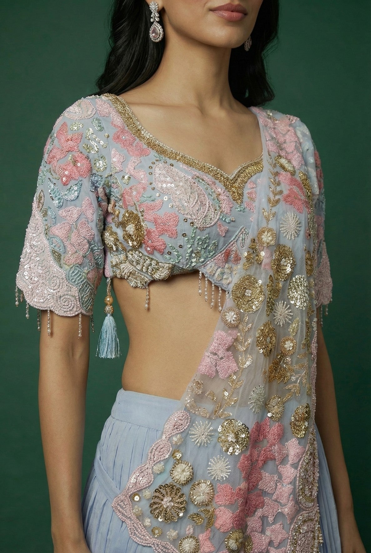 Sky Blue Georgette Drape Crop Top Lehenga