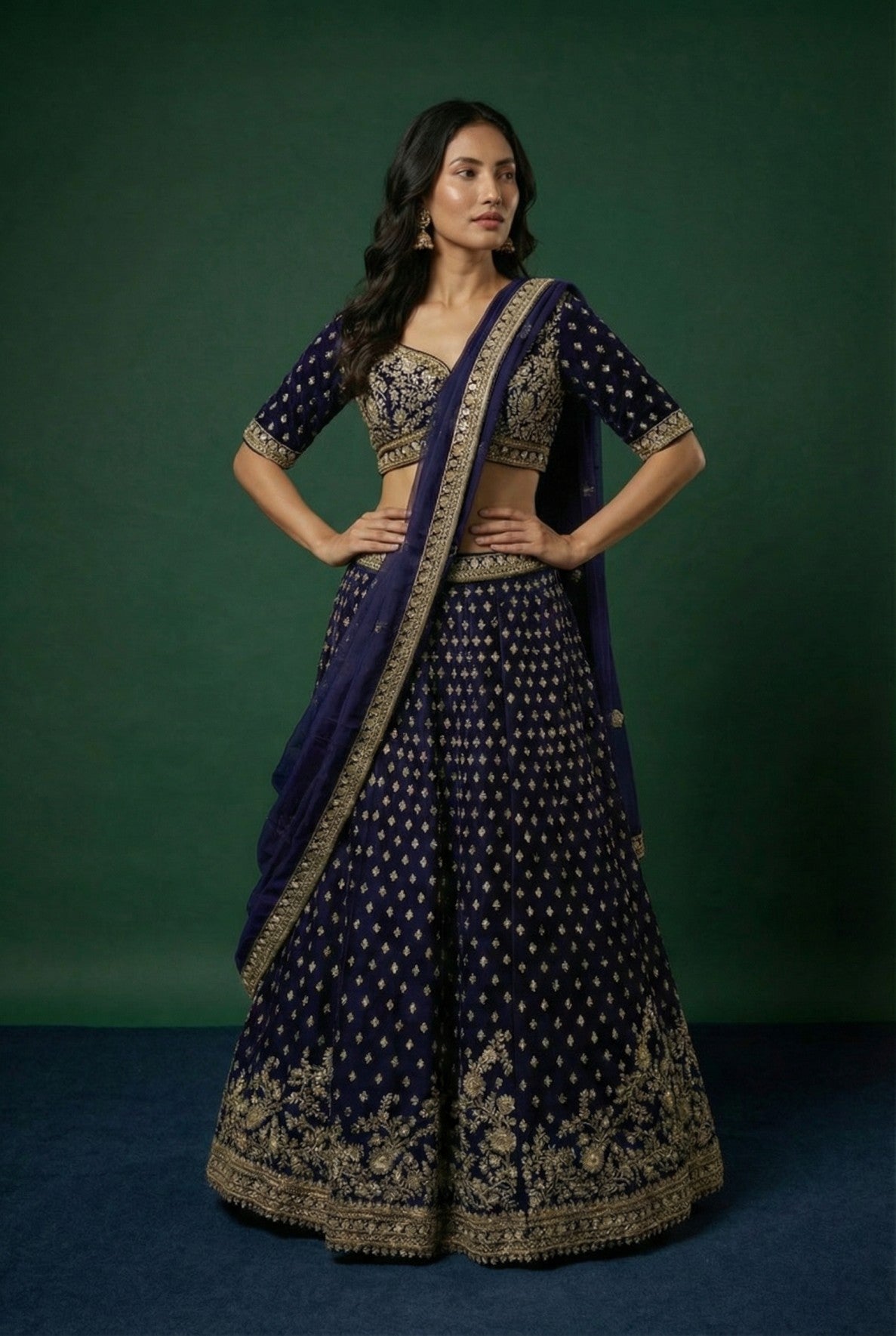 Navy Blue Silk Designer Embroidered Lehenga