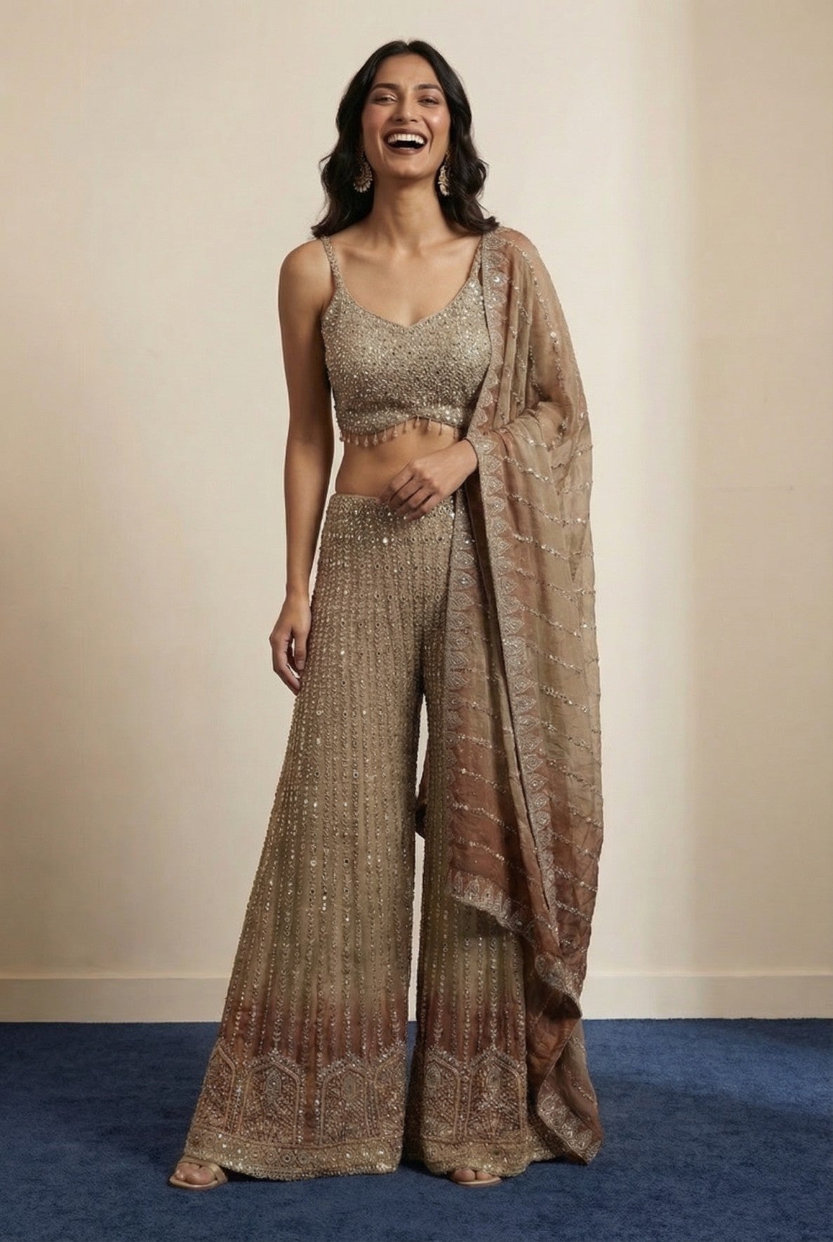 Shaded Green Embroidered Sharara Set