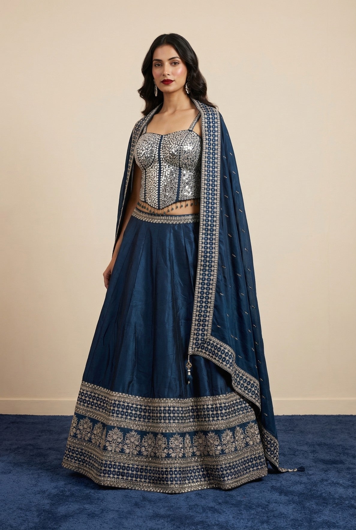 Dark Blue Mirror Work Corset Lehenga