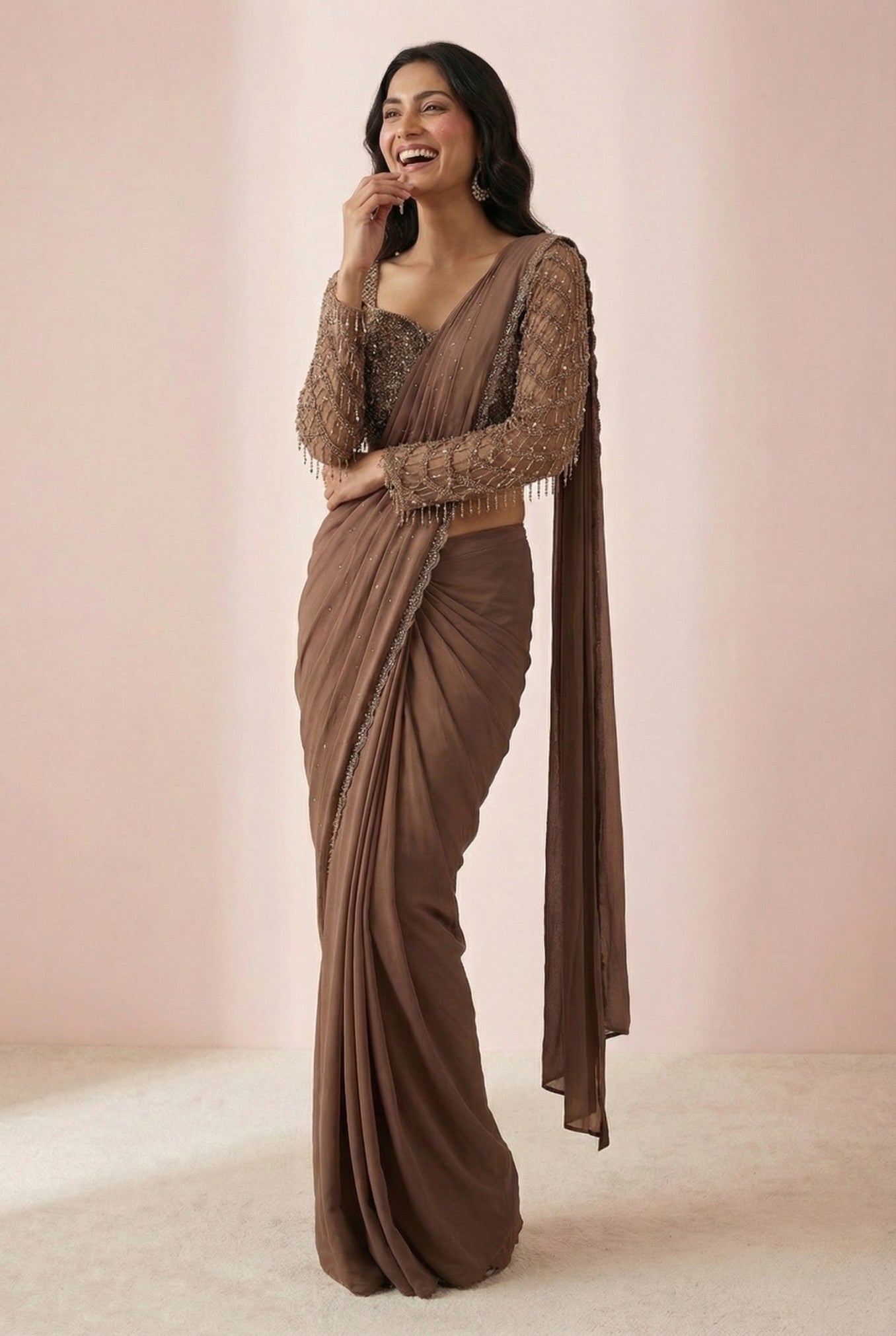 Brown Embroidered Cocktail Drape Saree