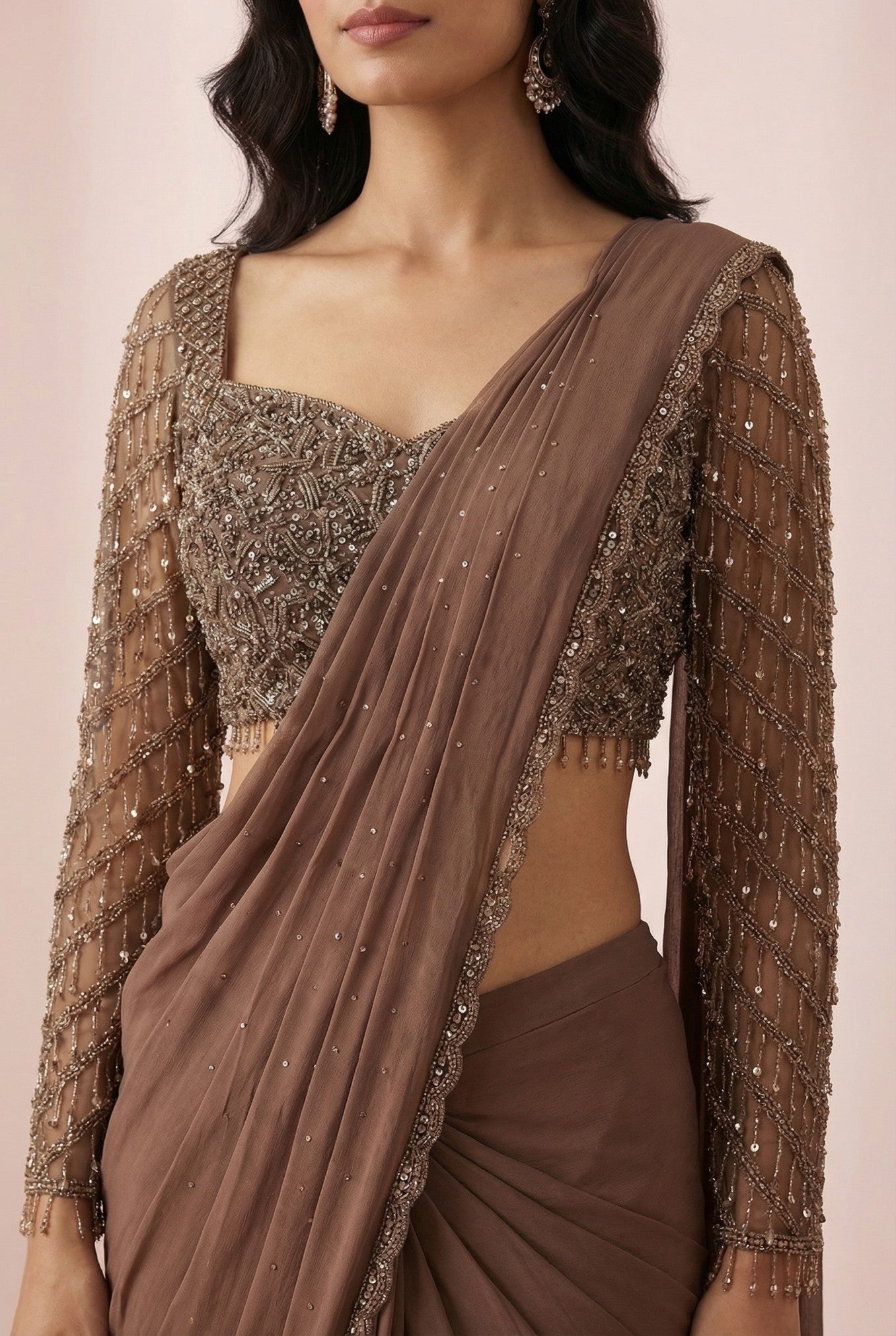 Brown Embroidered Cocktail Drape Saree
