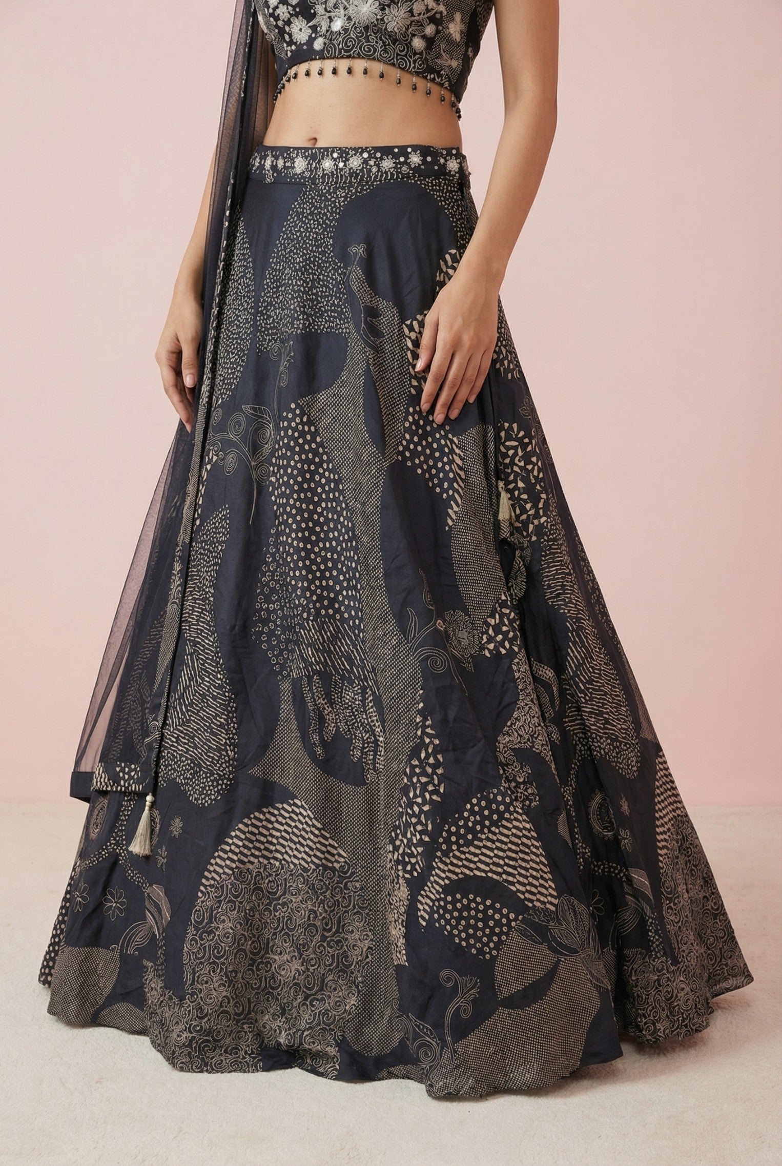 Black Printed Silk Designer Lehenga