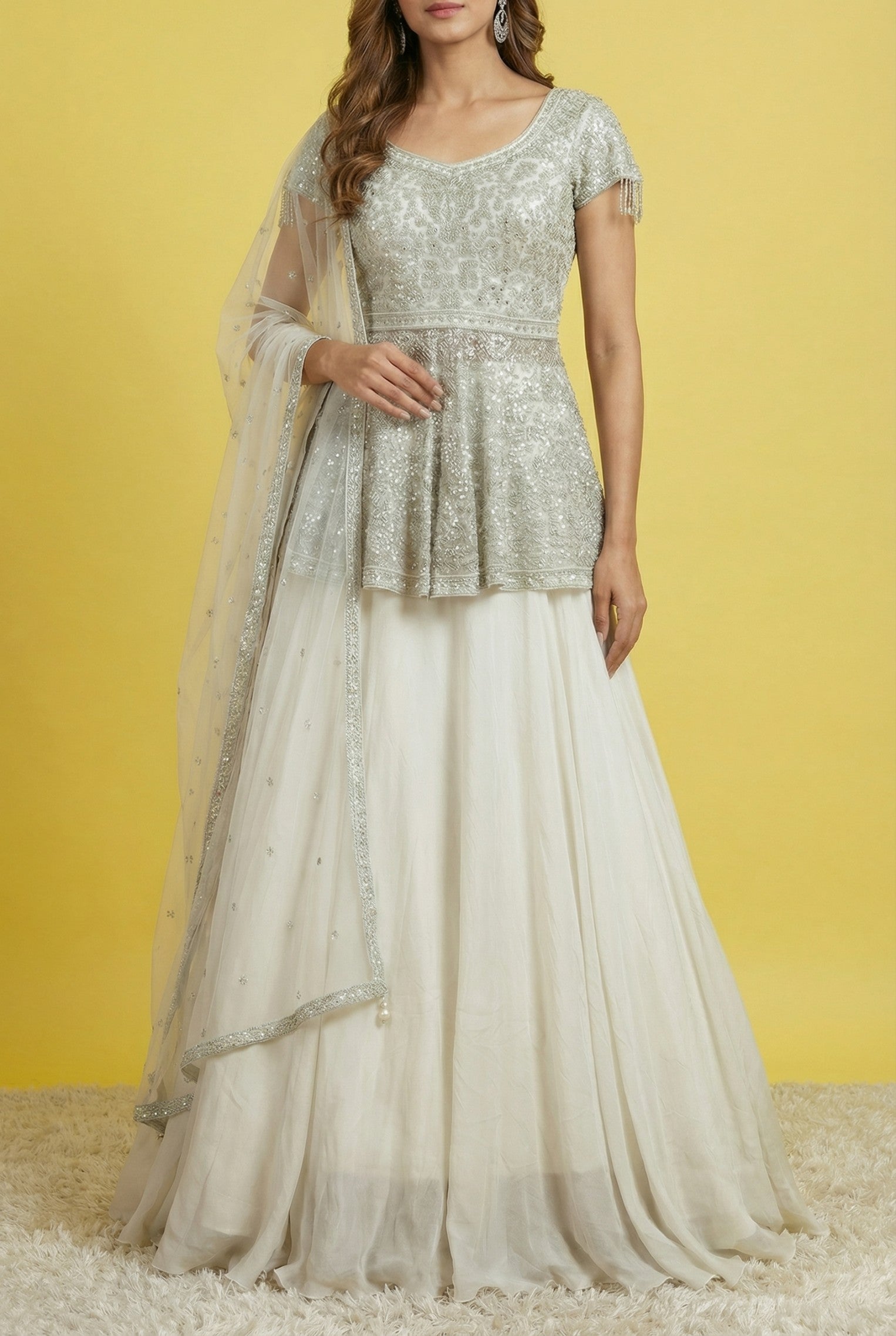 White Embroidered Chinnon Festive Lehenga