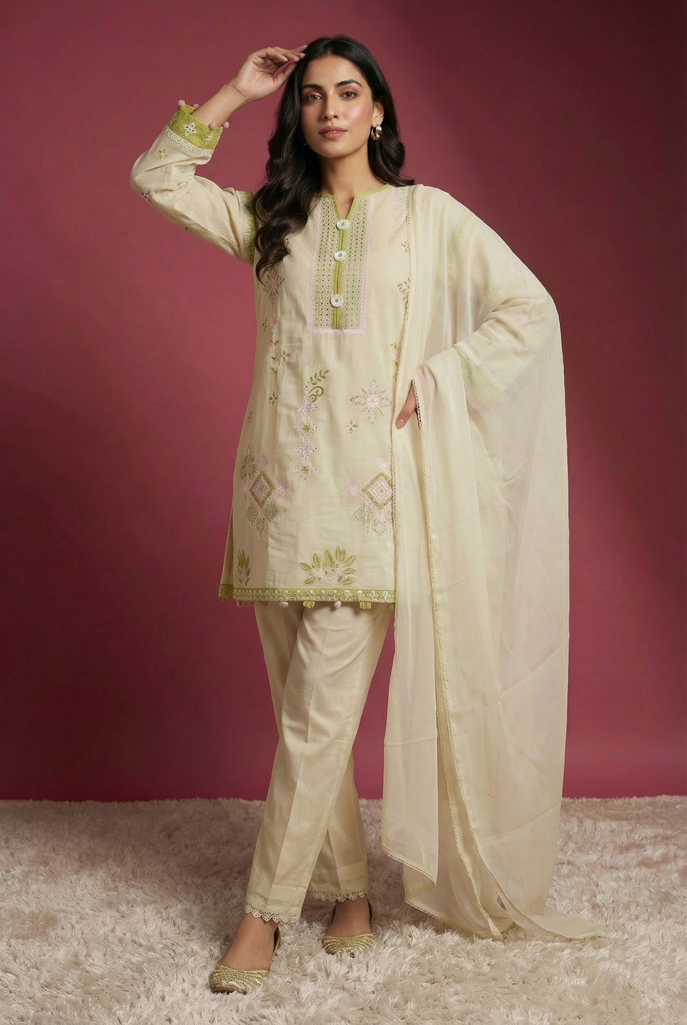 Ivory embroidery Cotton Pant Set With Dupatta