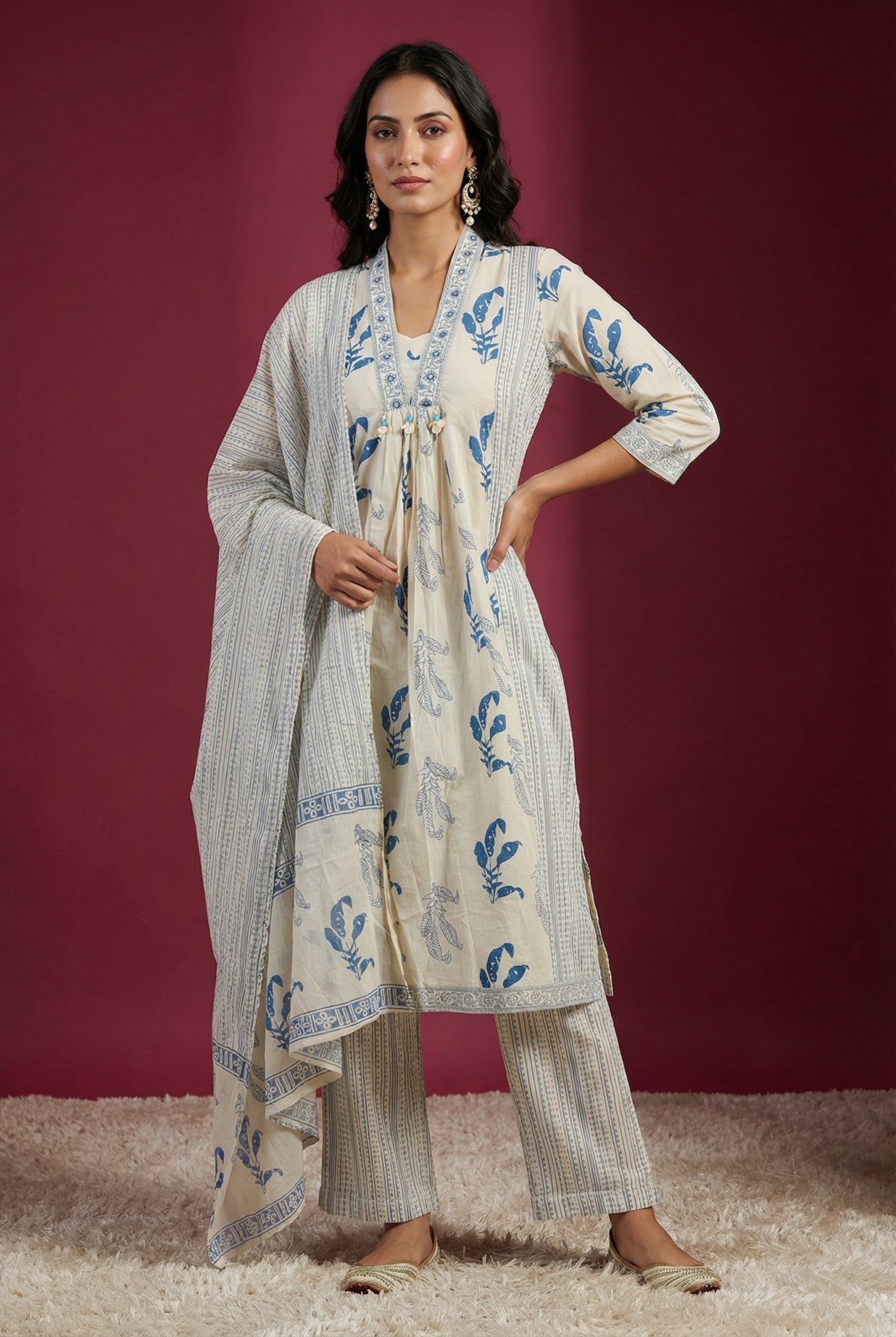 White Printed Anarkali Cotton Suit Set