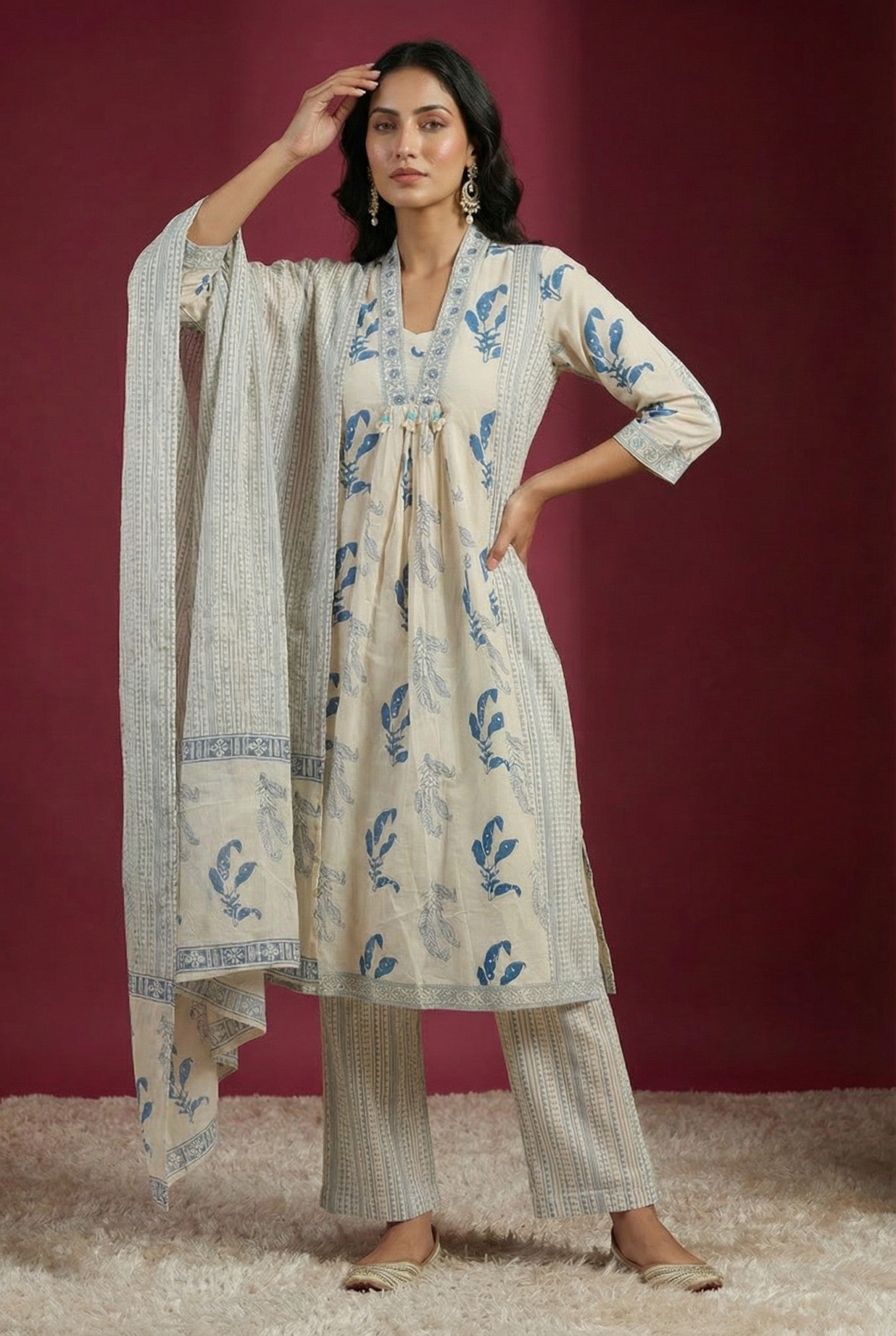 White Printed Anarkali Cotton Suit Set