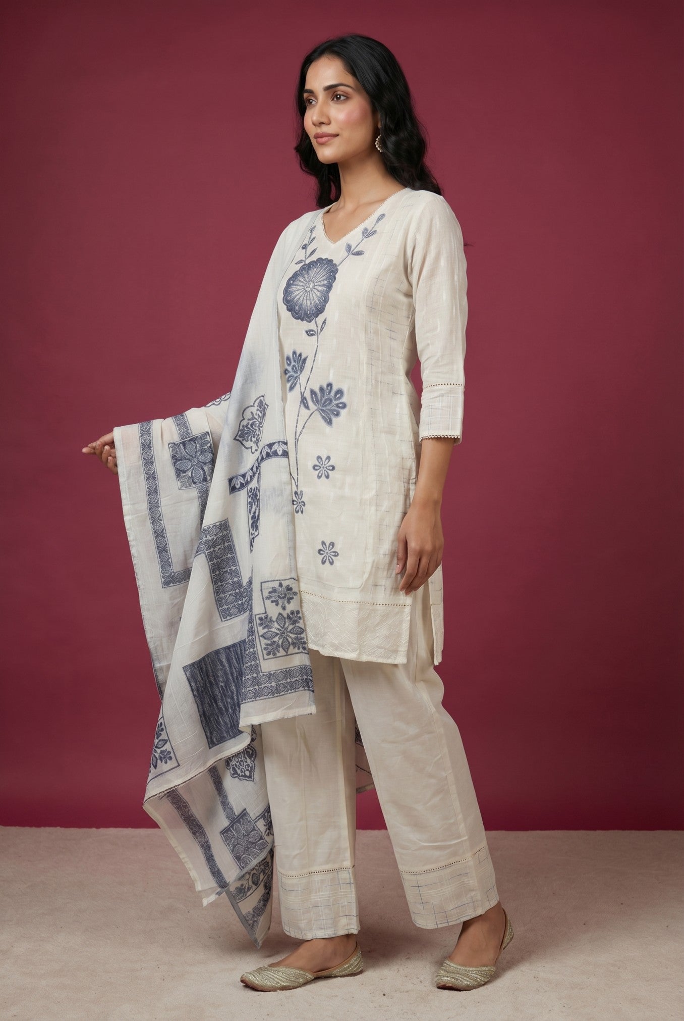 White Cotton Embroidered Suit Set With Dupatta