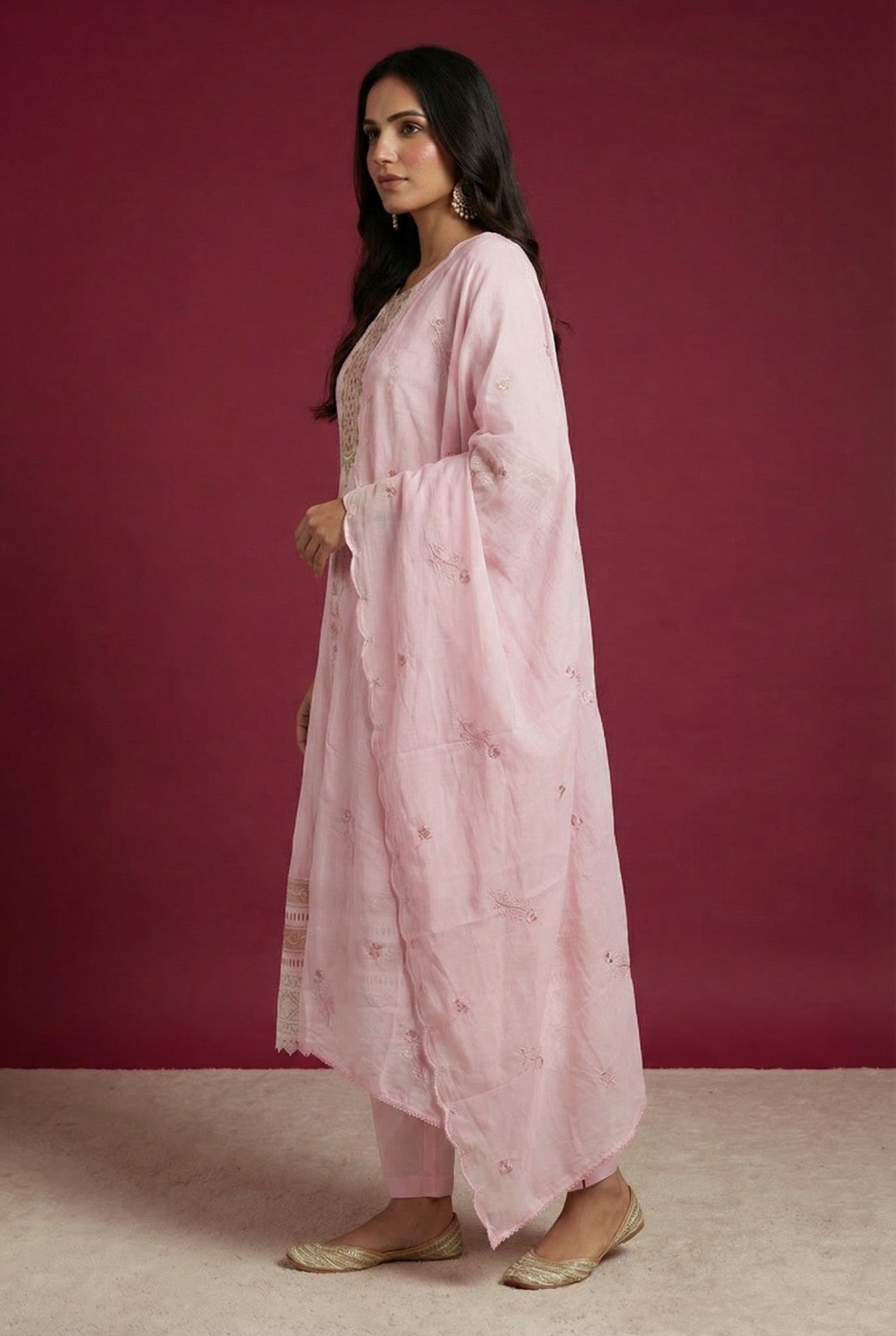 Baby Pink Cotton Embroidered Suit Set With Dupatta