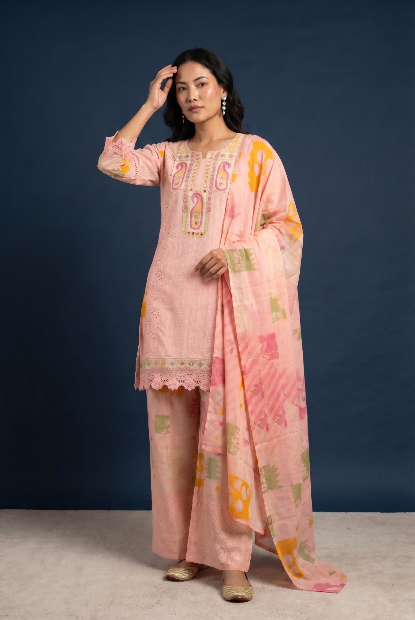 Baby Pink Cotton Printed Suit Set With Dupatta