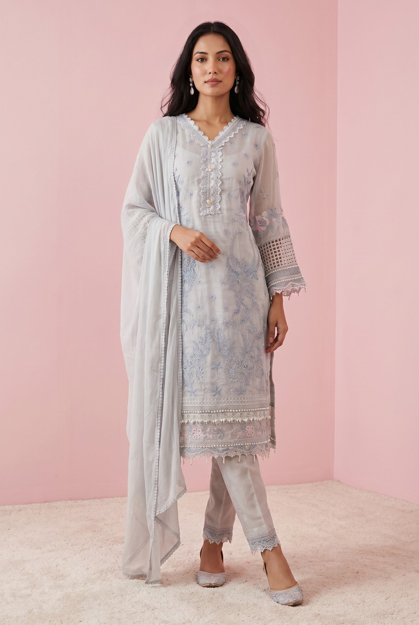 Grey Embroidered Cotton Suit Set With Dupatta