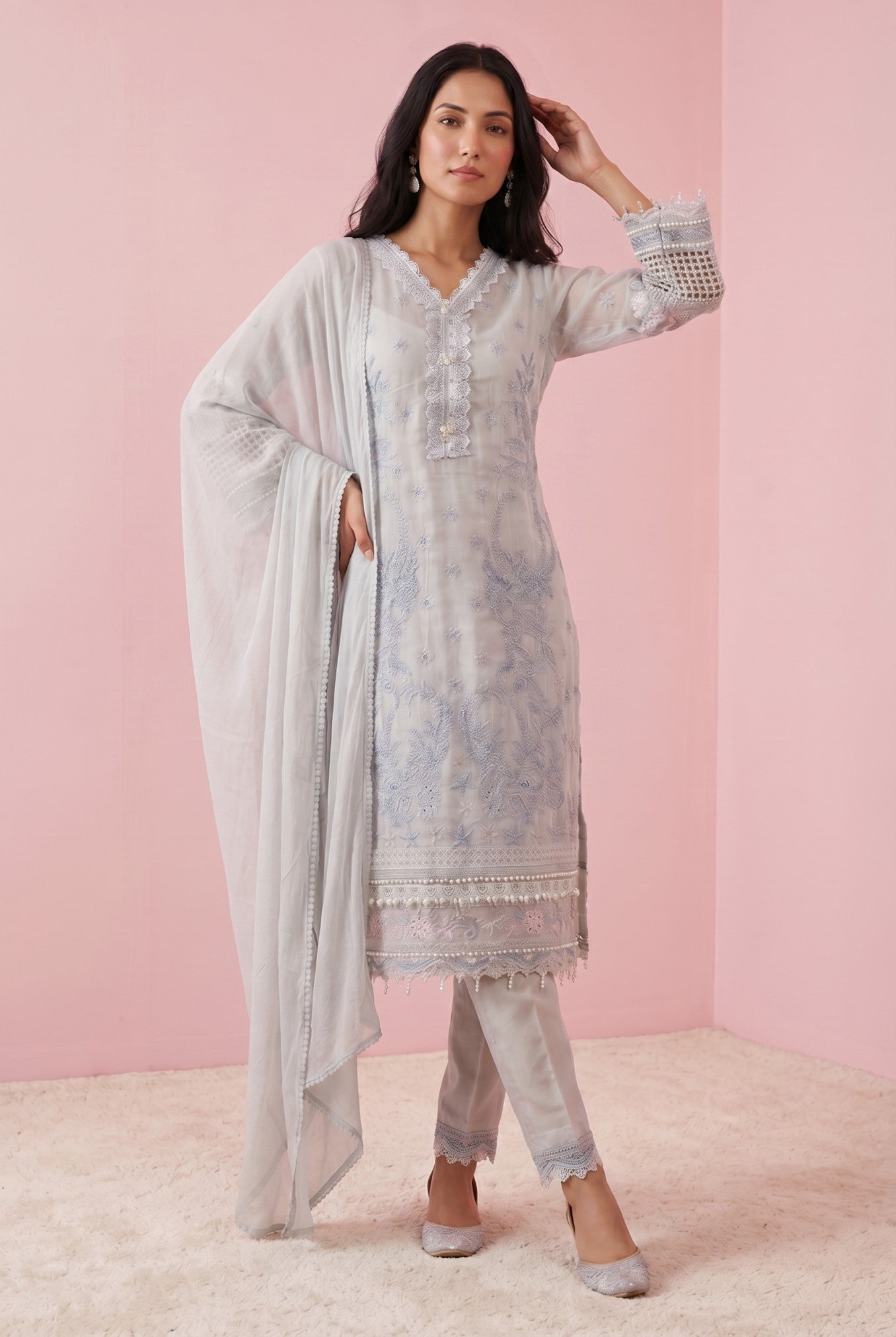 Grey Embroidered Cotton Suit Set With Dupatta