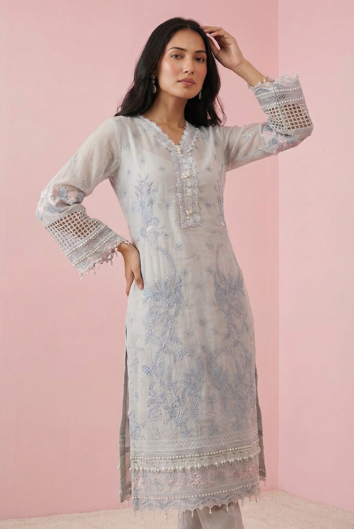 Grey Embroidered Cotton Suit Set With Dupatta