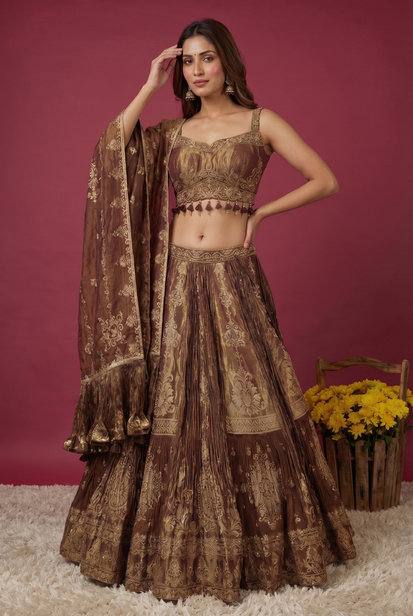 Brown Crepe Festive Lehenga Set
