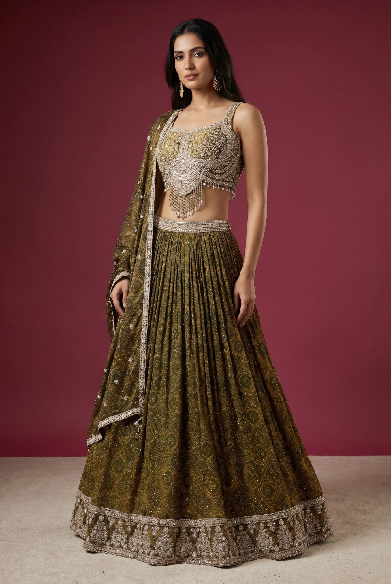 Green Bead Embroidered Crepe Reception Lehenga with Semi Sweet Heart Neck Blouse